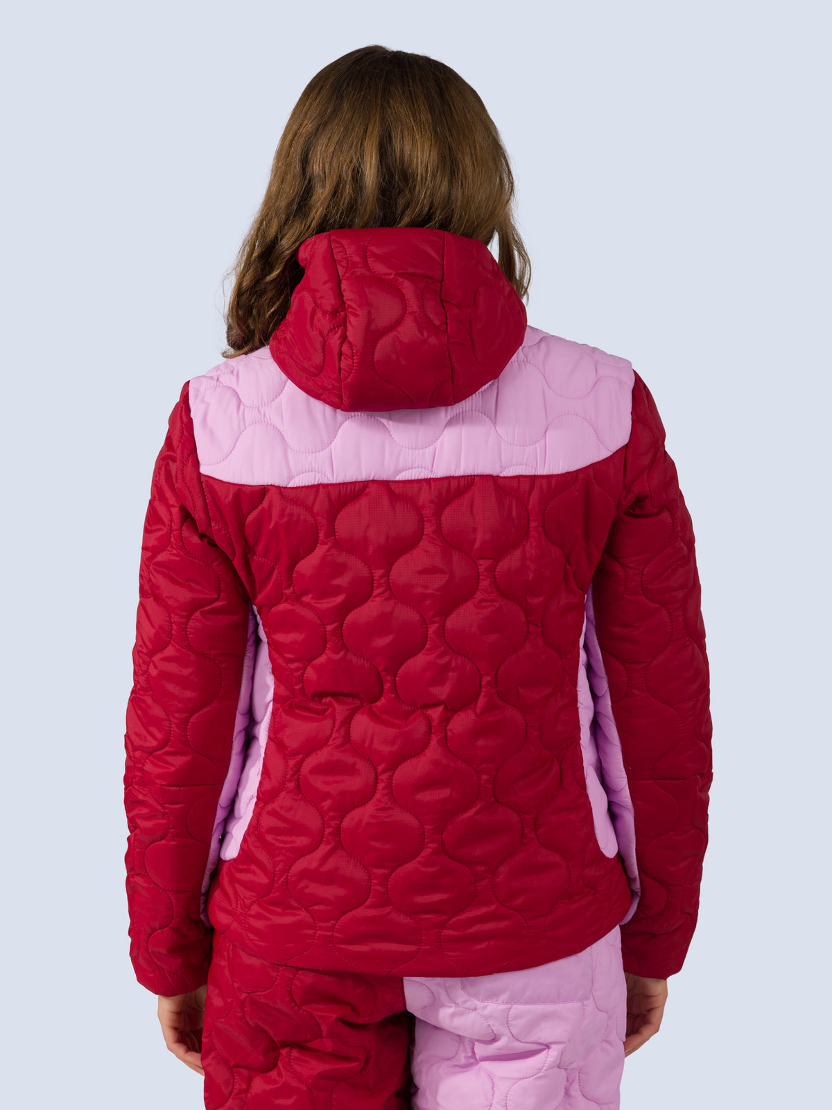 [Ruby Blocked] Braxon Hoodie in ruby blocked, on model back crop view