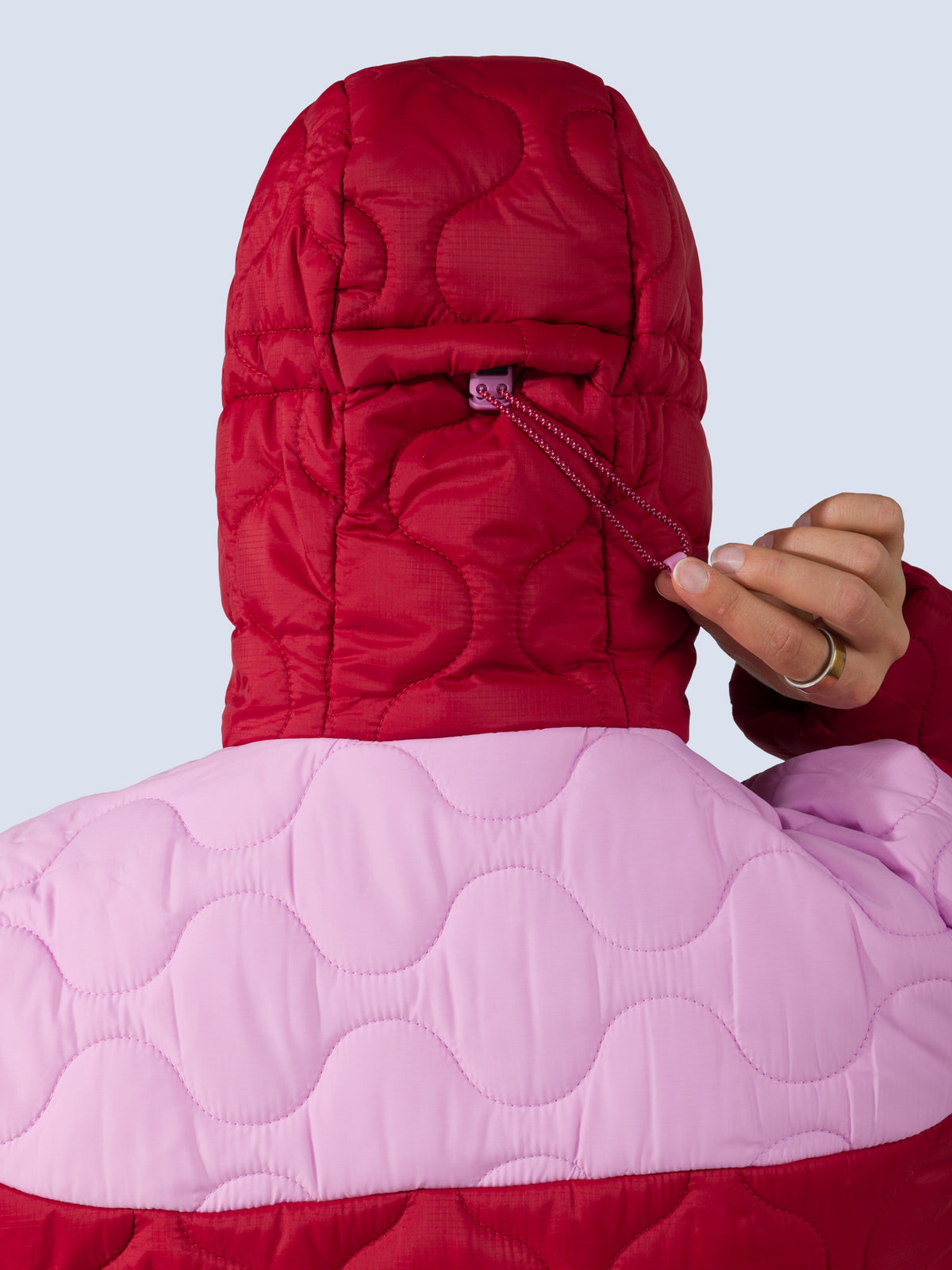 [Ruby Blocked] Braxon Hoodie in ruby blocked, hood adjustment detail