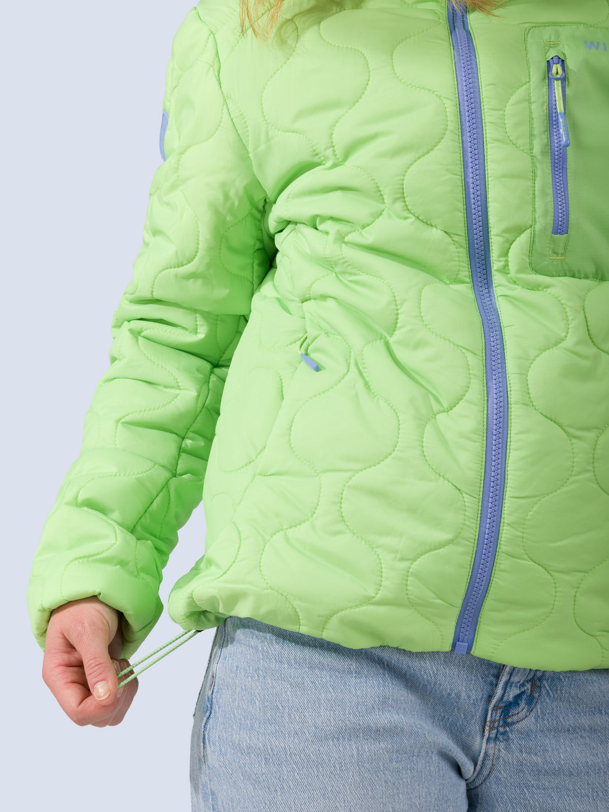 [Zest] Braxon Hoodie in zest green, hem adjuster detail