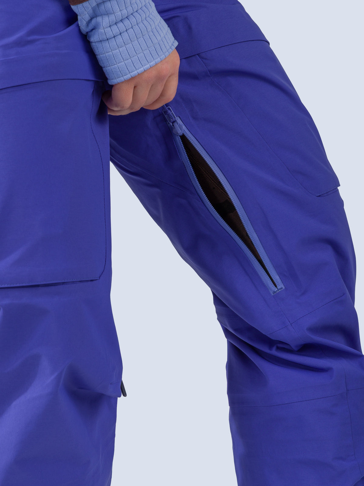 [Lapis] Heyburn 3L Bib in lapis blue, inside leg zip vent detail