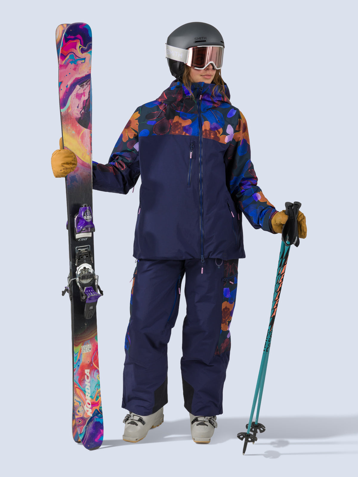 [Nightflora] Roundhouse 2L Insulated Jacket in nightflora floral print, on model standing with skis shot
