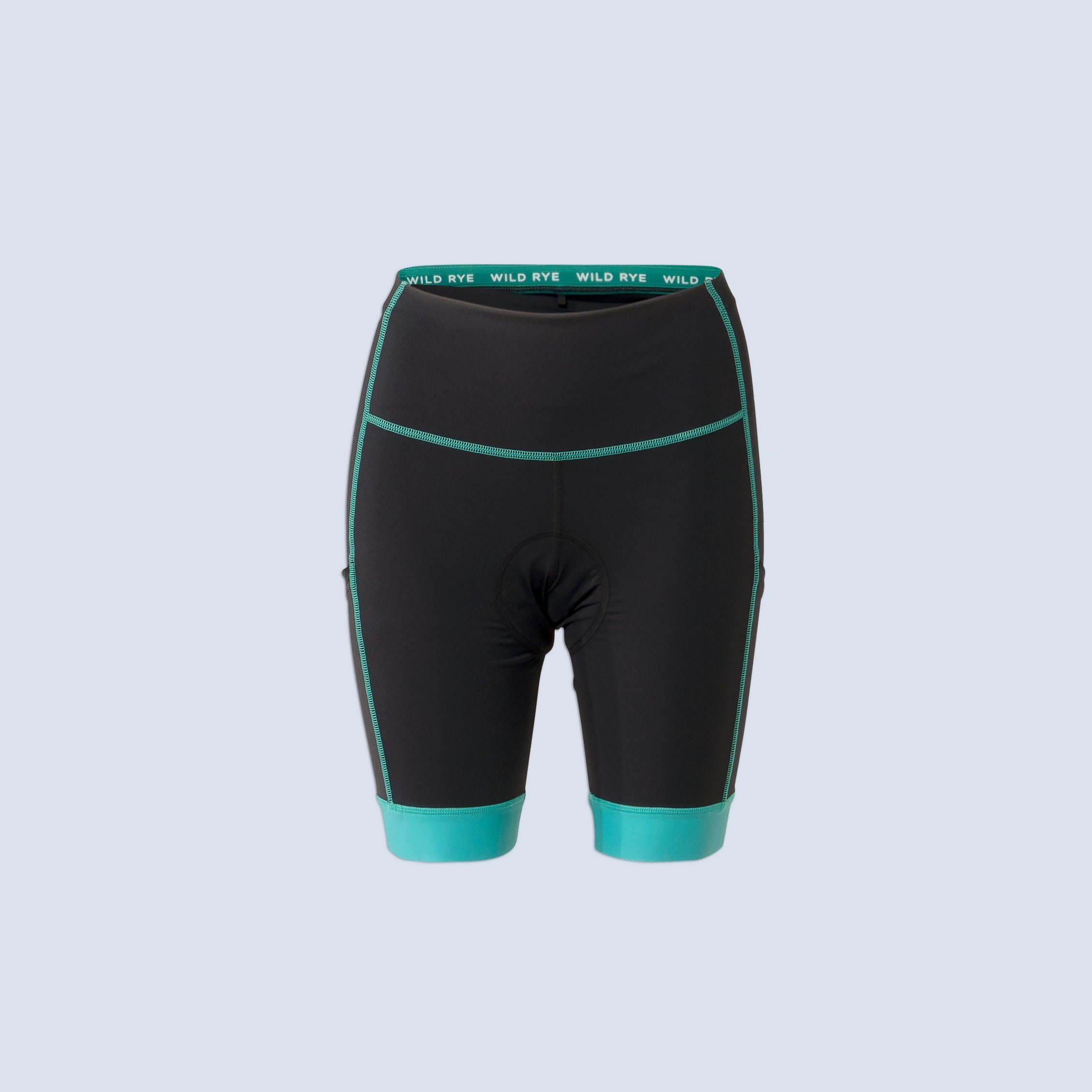 [Black Alhambra Blocked] Alyssa Chammy bike shorts in black with green leg bands color, flatlay view