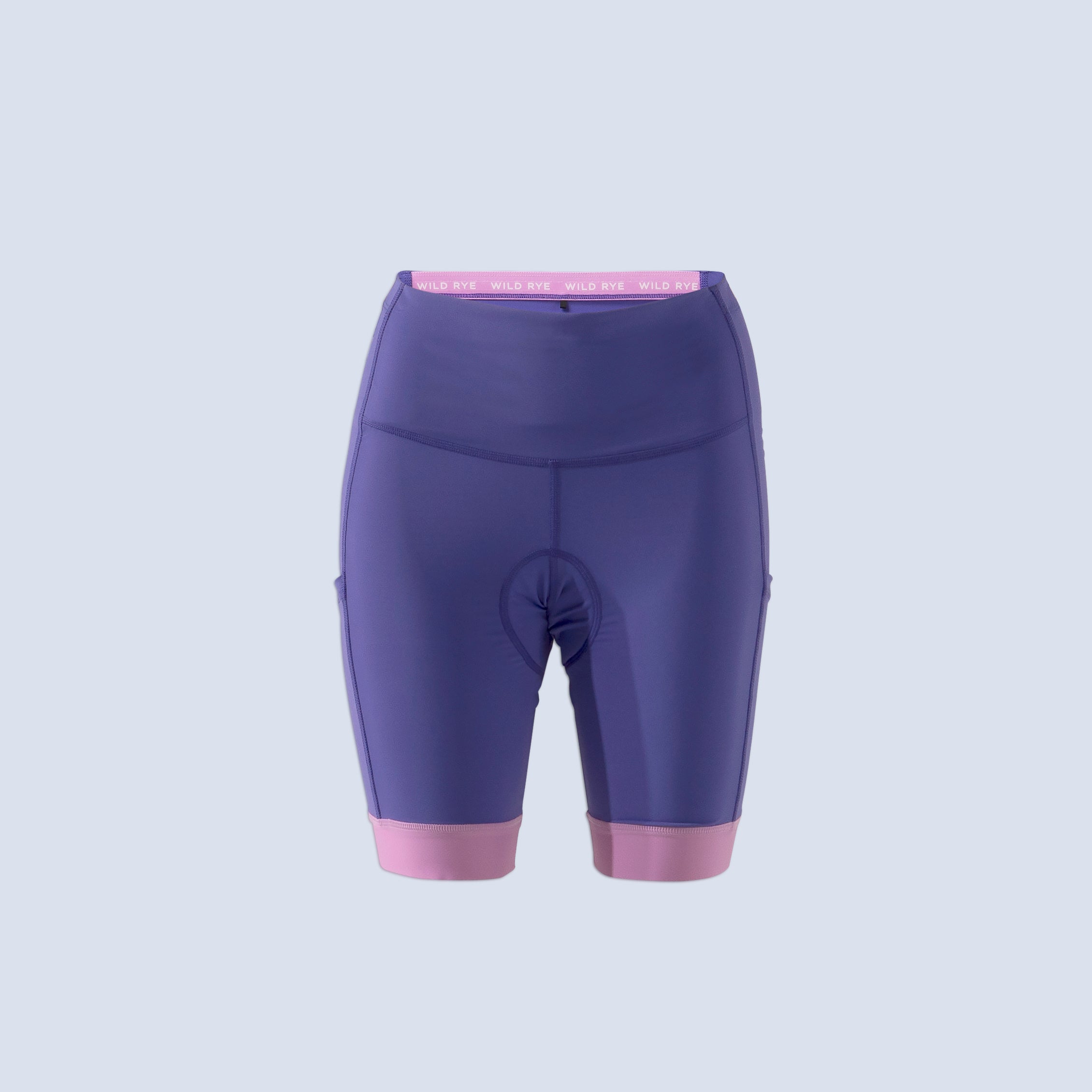 [Iris Blocked] Alyssa Chammy bike shorts in iris blocked color, flatlay view