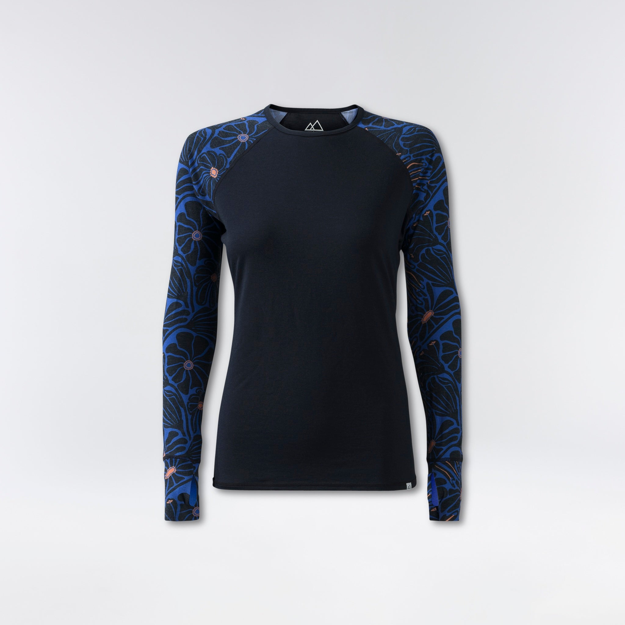 [Retro Riptide Bluebell] Black floral printed Lightweight baselayer top front view