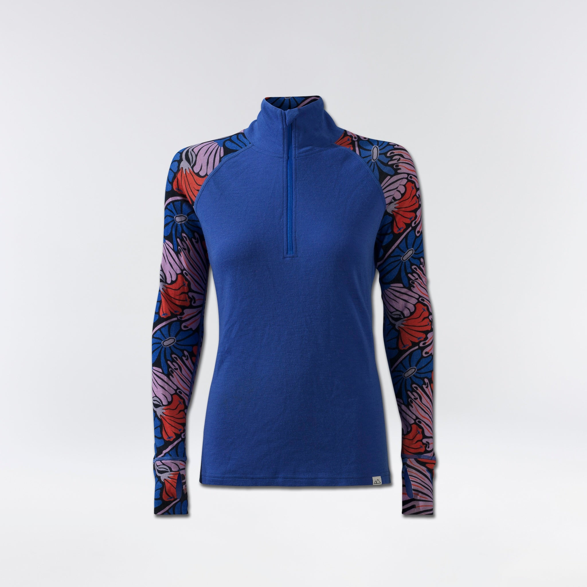 [Retro Riptide Multi] 100% merino wool half zip baselayer top in blue floral print