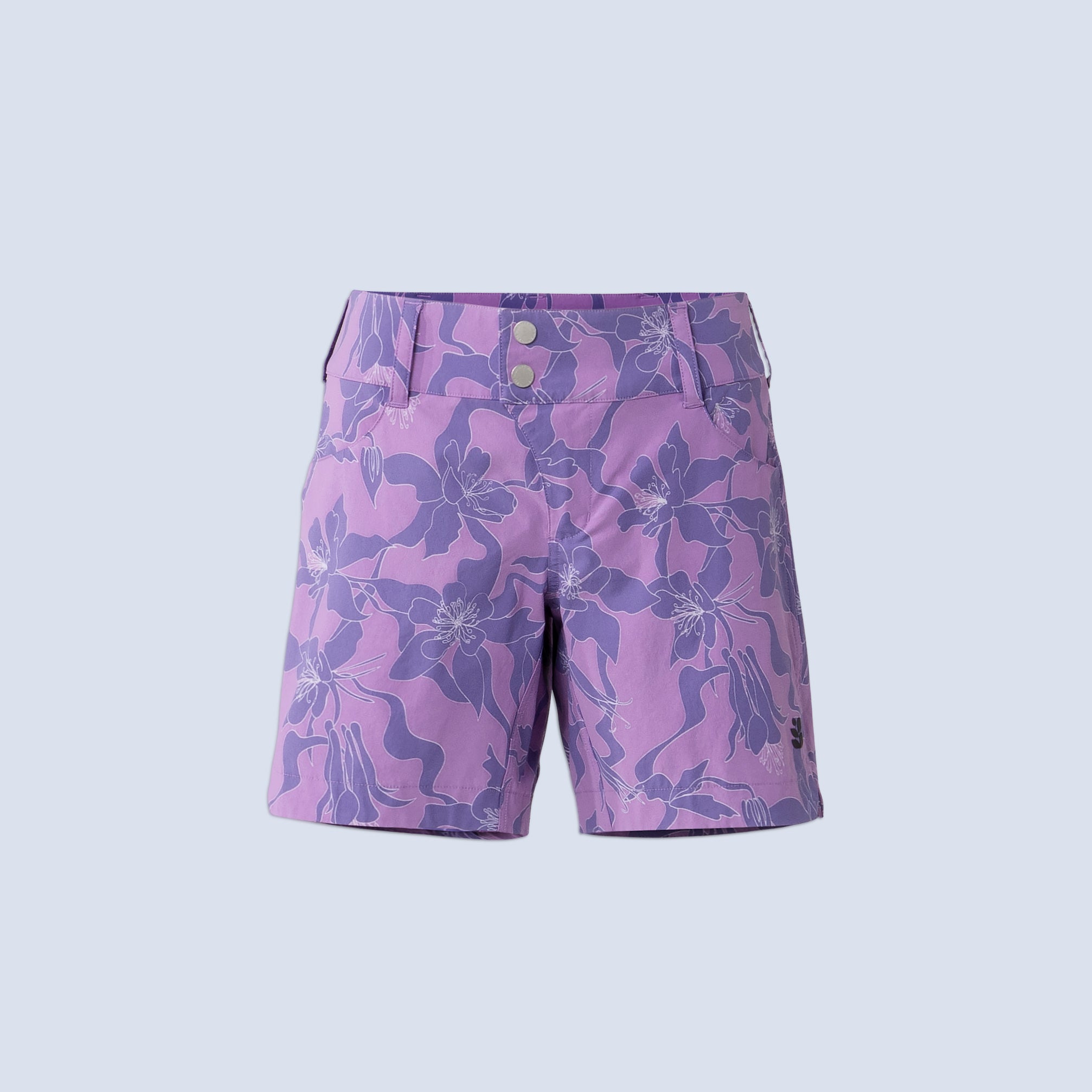 [Amethyst Aquila Bloom] Freda 7" Bike Short in amethyst floral, flatlay