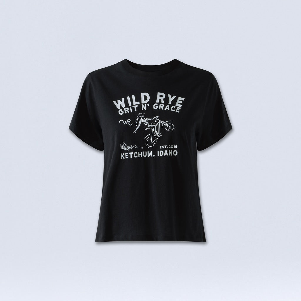 [Black Grit] black graphic tee with white text reading "wild rye grit n grace, Ketchum, Idaho"