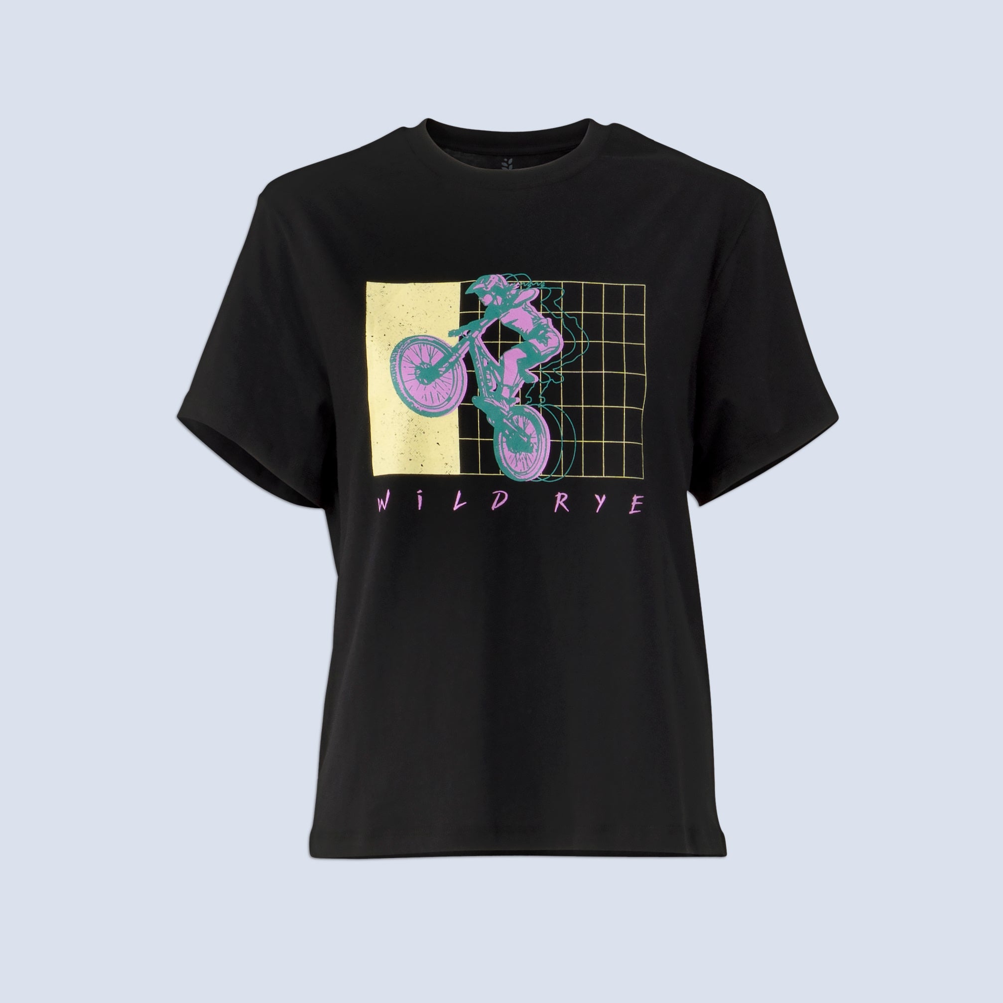 Black t-shirt with 90's inspired mountain bike graphic design and 'Wild Rye' text 