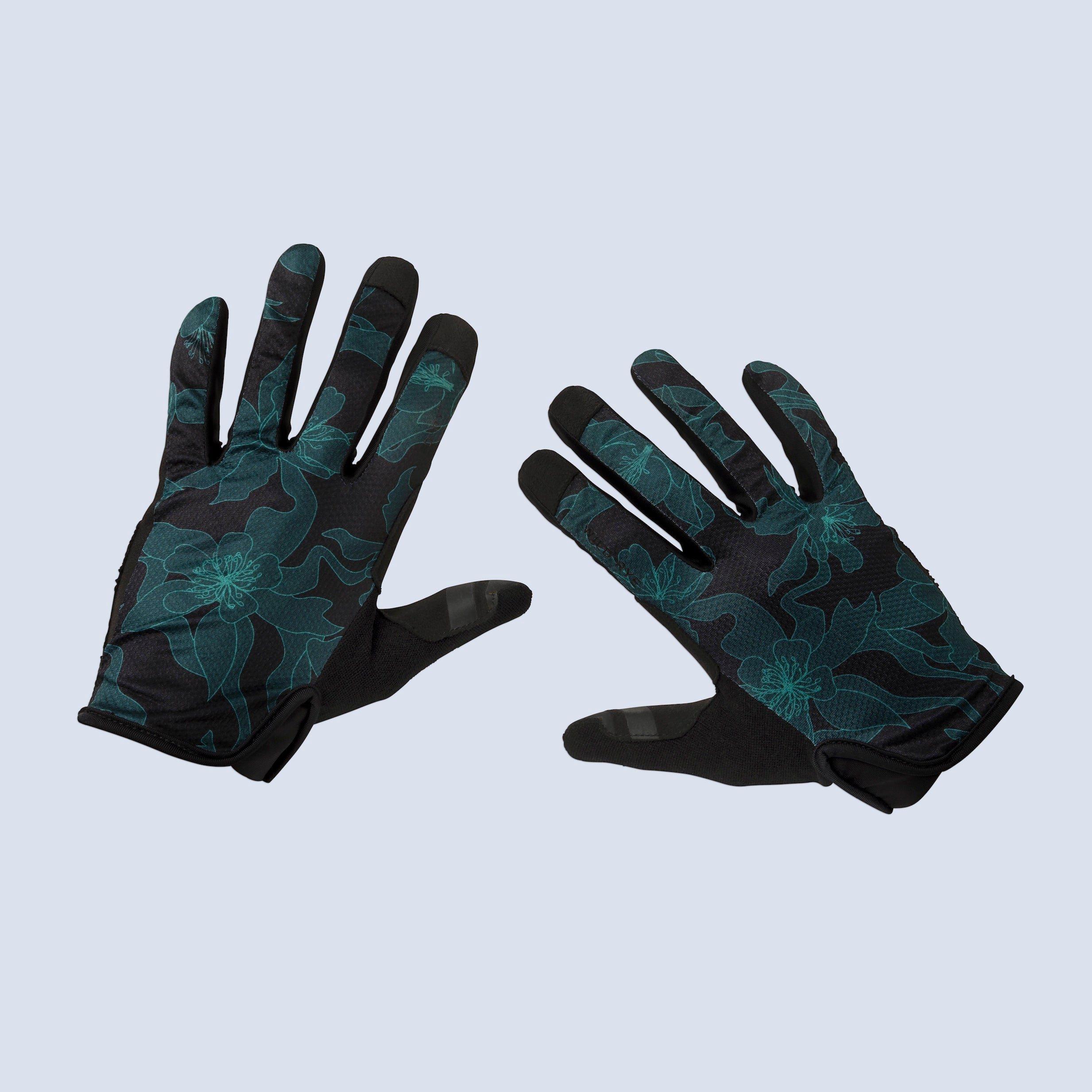 [Dark Aquila] Dark green floral print galena gel mountain bike gloves top view