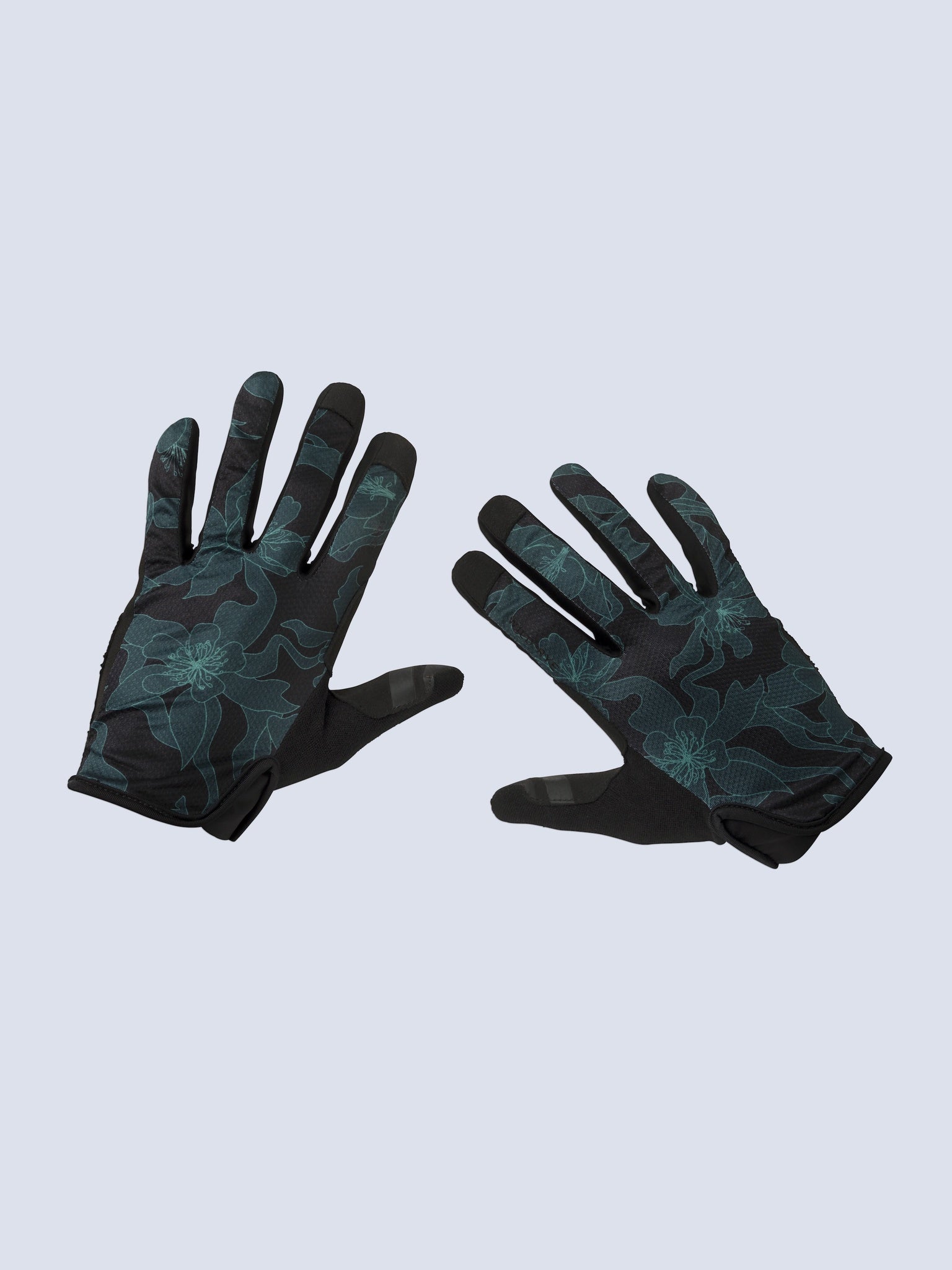 [Dark Aquila] Dark green floral print galena gel mountain bike gloves top view