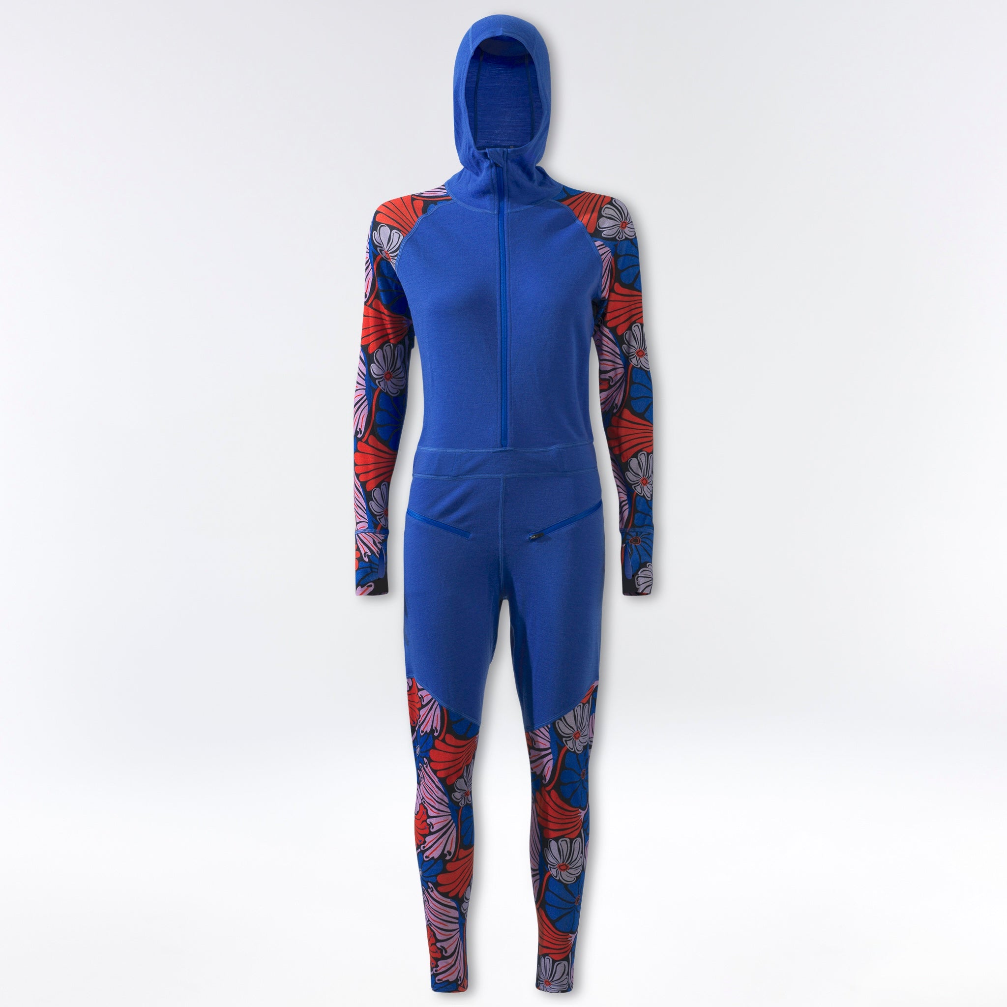 [Retro Riptide Multi] blue floral print Merino wool onesie baselayer flatlay