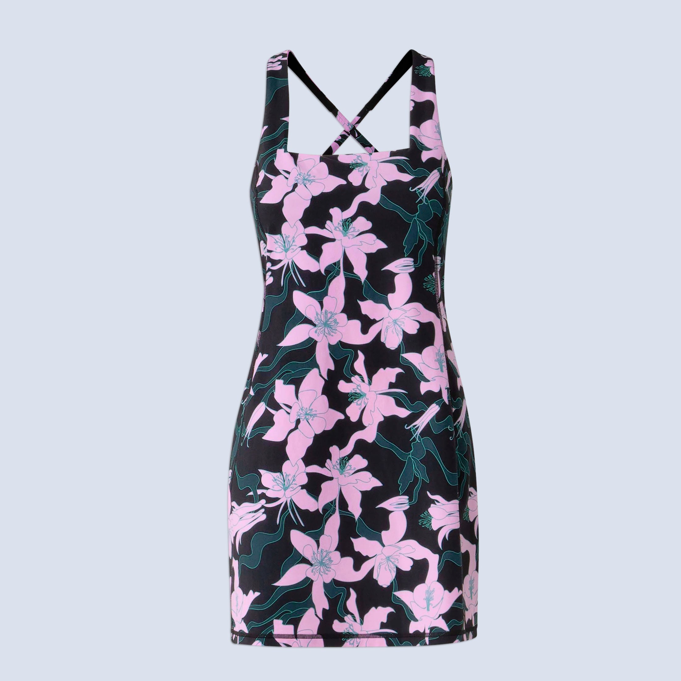 [Black Aquila Bloom] Parker Action Dress in Black with pink floral pattern, flatlay