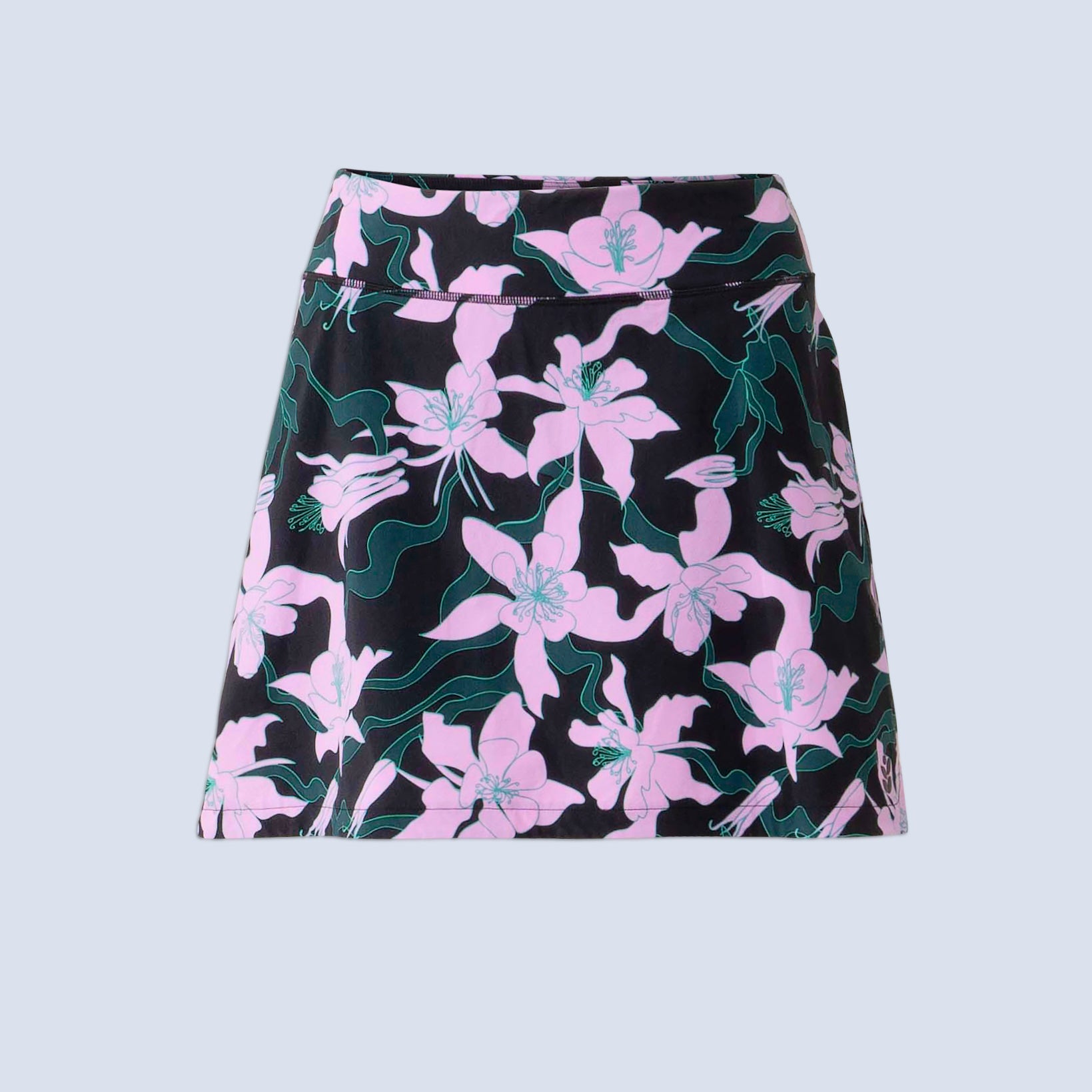 [Black Aquila Bloom] Parker Skort in black with pink floral pattern, flatlay