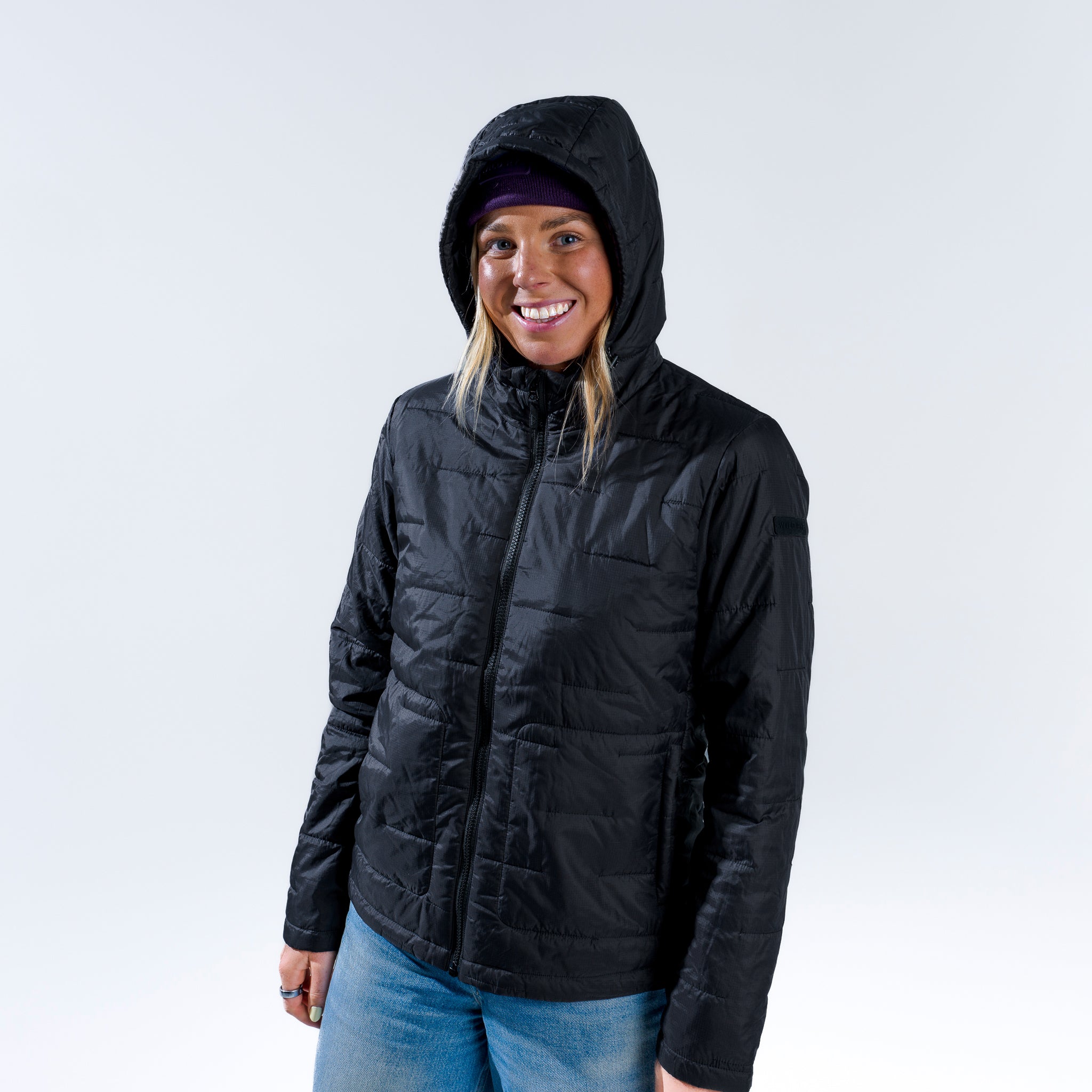 [Black] black insulated hooded jacket with hood up - front view