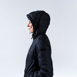 [Black] black insulated hooded jacket with hood up - side profile