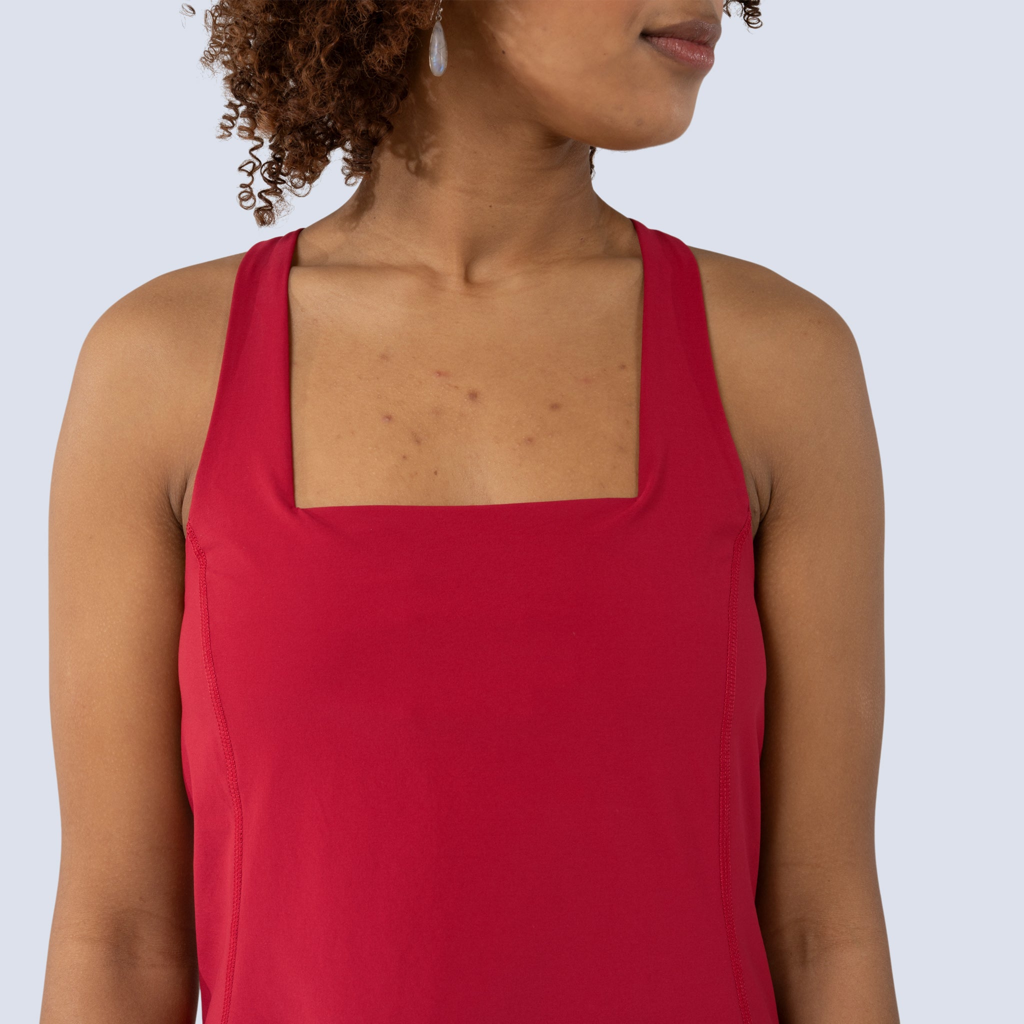 [Star Garnet] Parker Dress in star garnet, showcasing square neckline