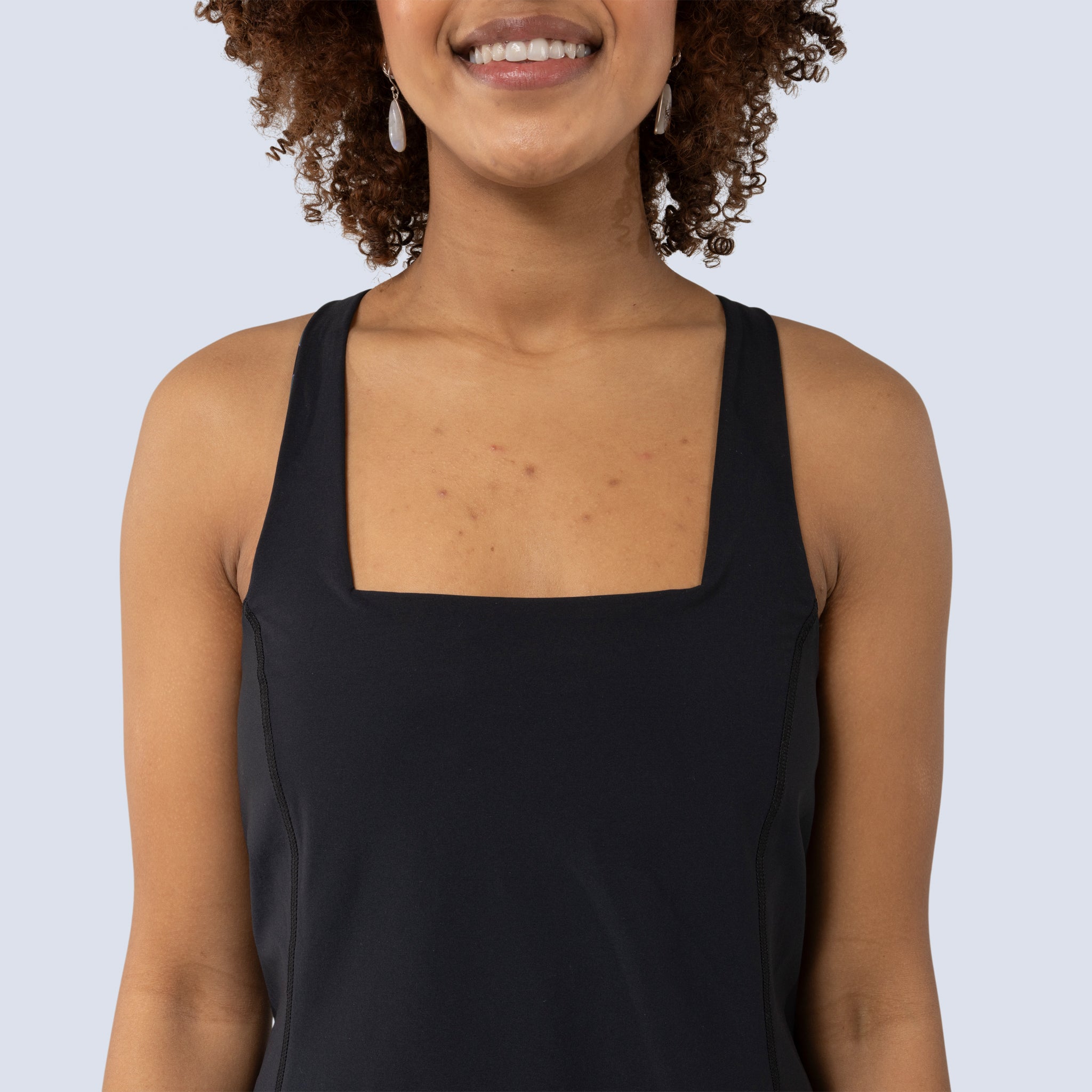 [Black] Parker Dress in Black, showing square neckline