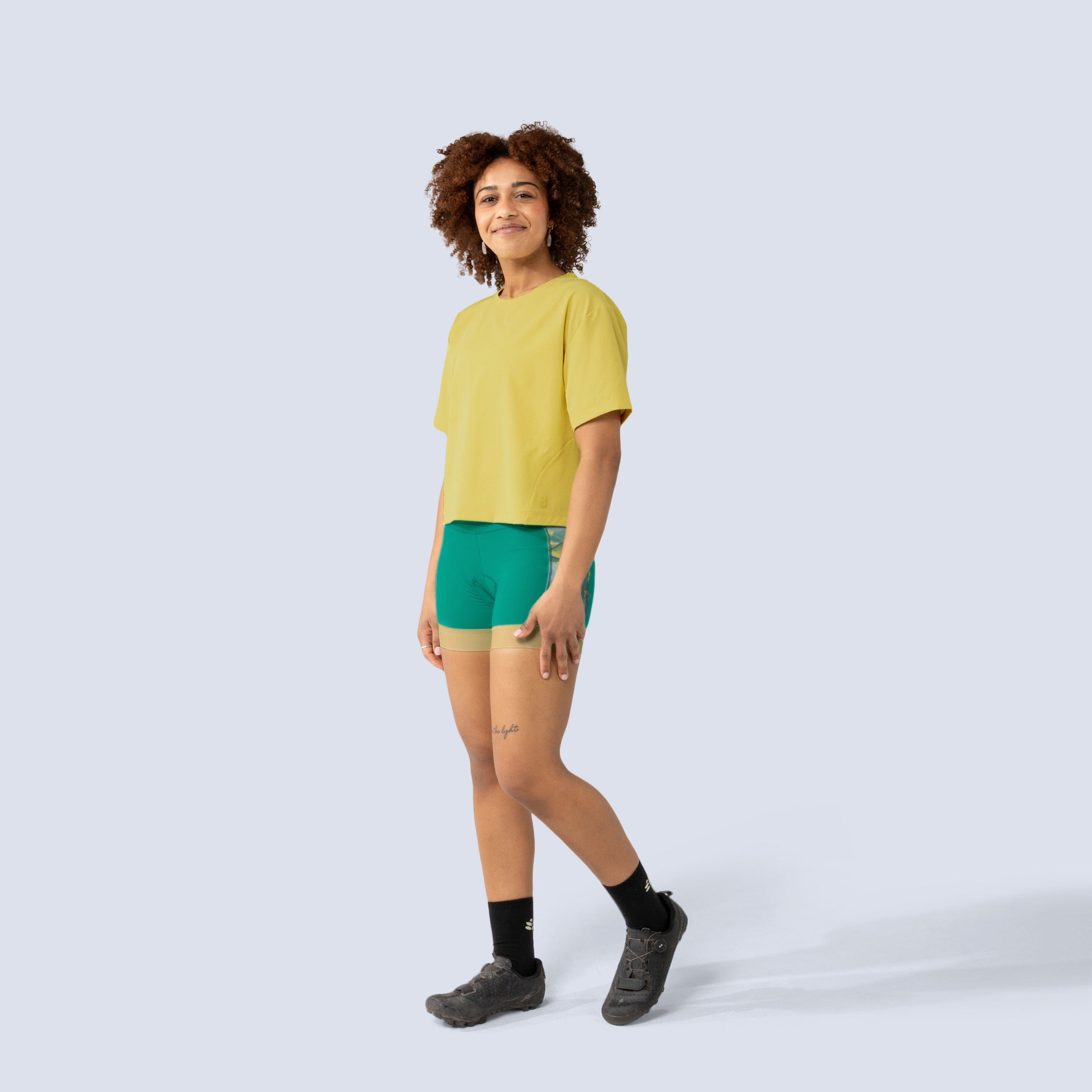 [Gecko] Easley Crop tee in gecko yellow, on model front full body view
