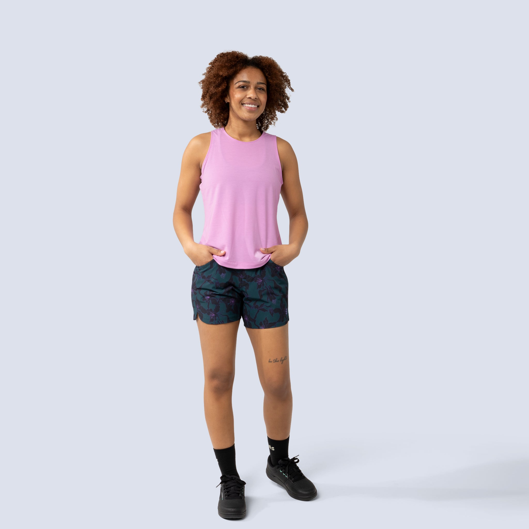 [Spruce Aquila Bloom] Rita Short in Spruce Aquila Bloom, on model front full body view