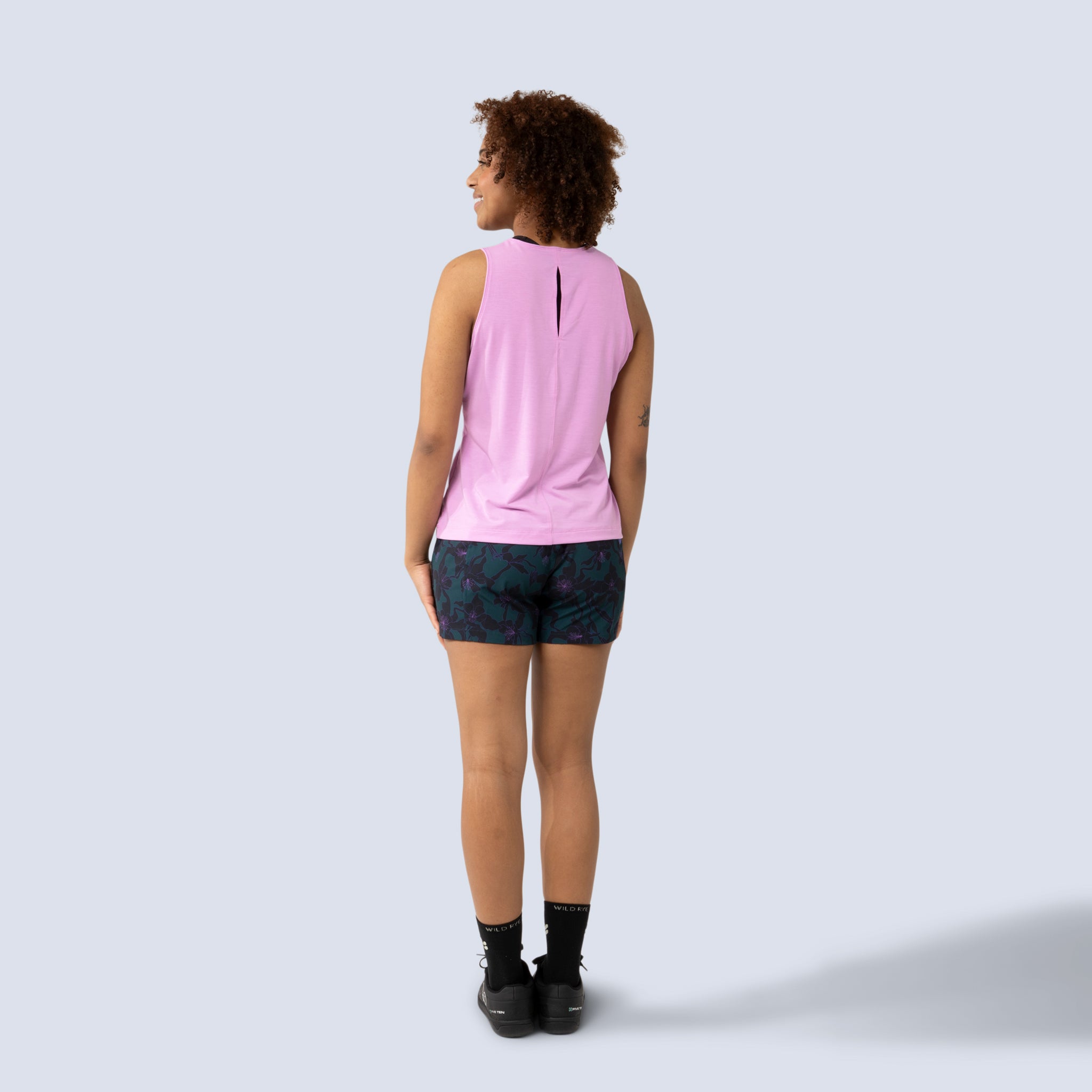 [Alpenglow] Lola Muscle tank alpenglow pink, on model back full body view
