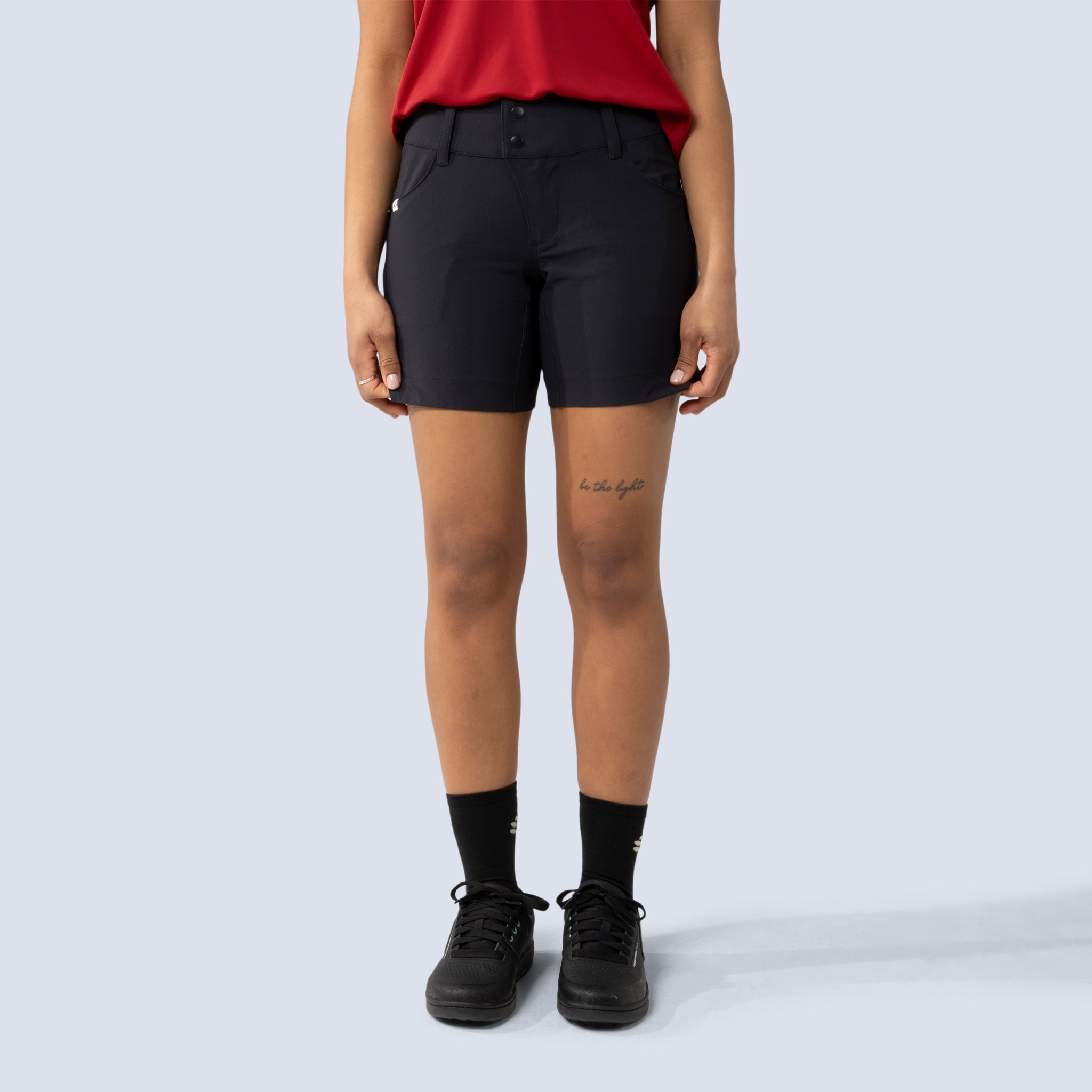 [Black] Freda 7" Bike Short in black, on model front crop view