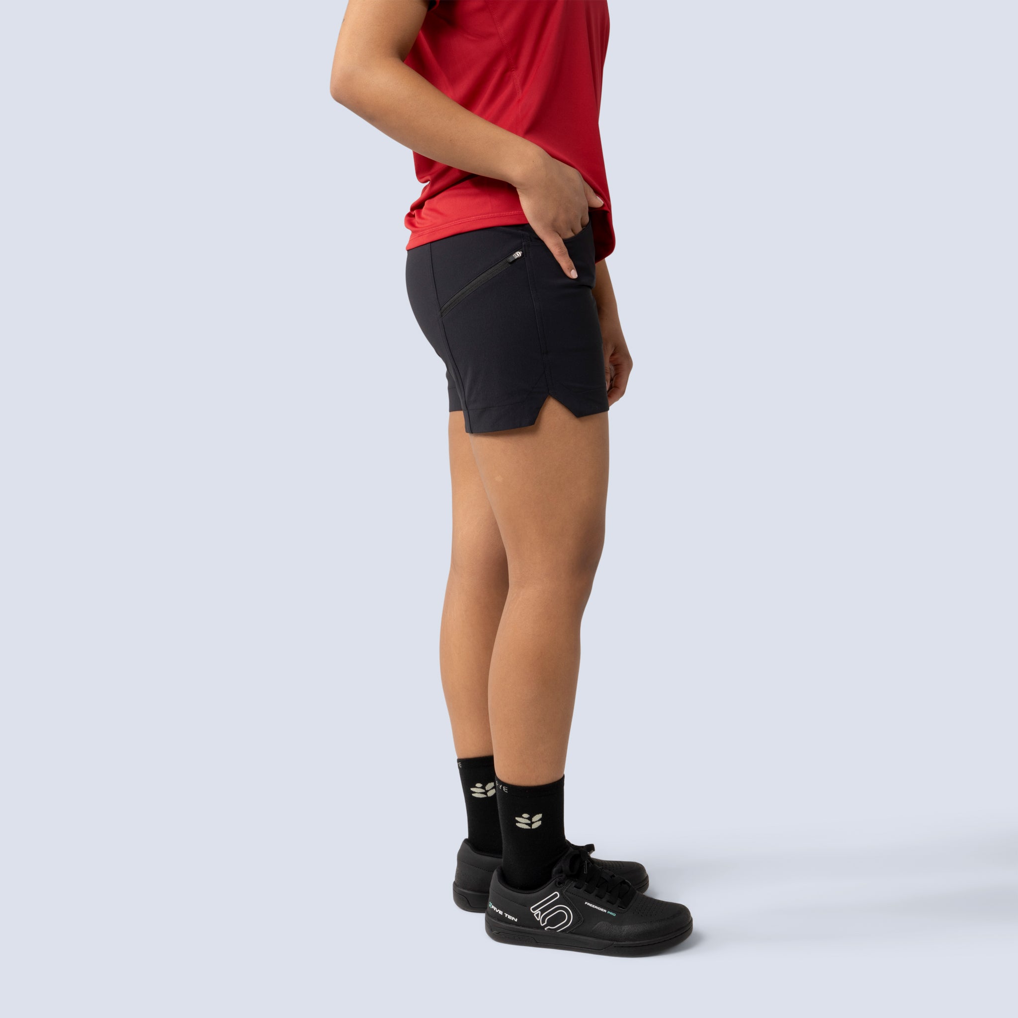 [Black] Freda 7" Bike Short in black, on model side crop view