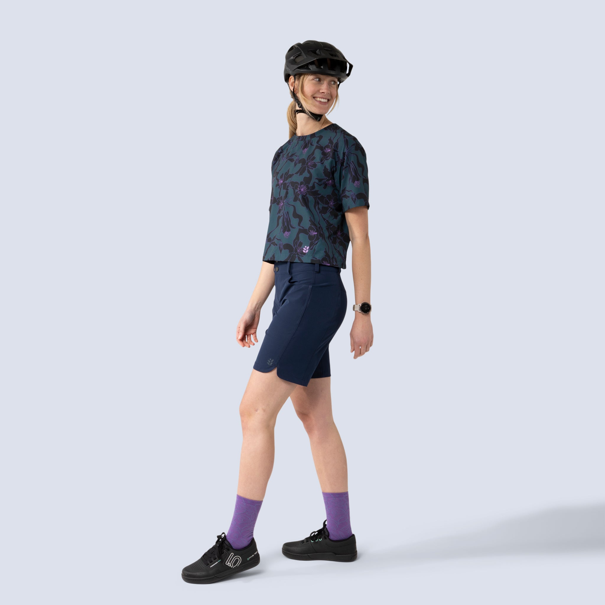 [Spruce Aquila Bloom] Easley Crop tee black and green floral, on model front full body view