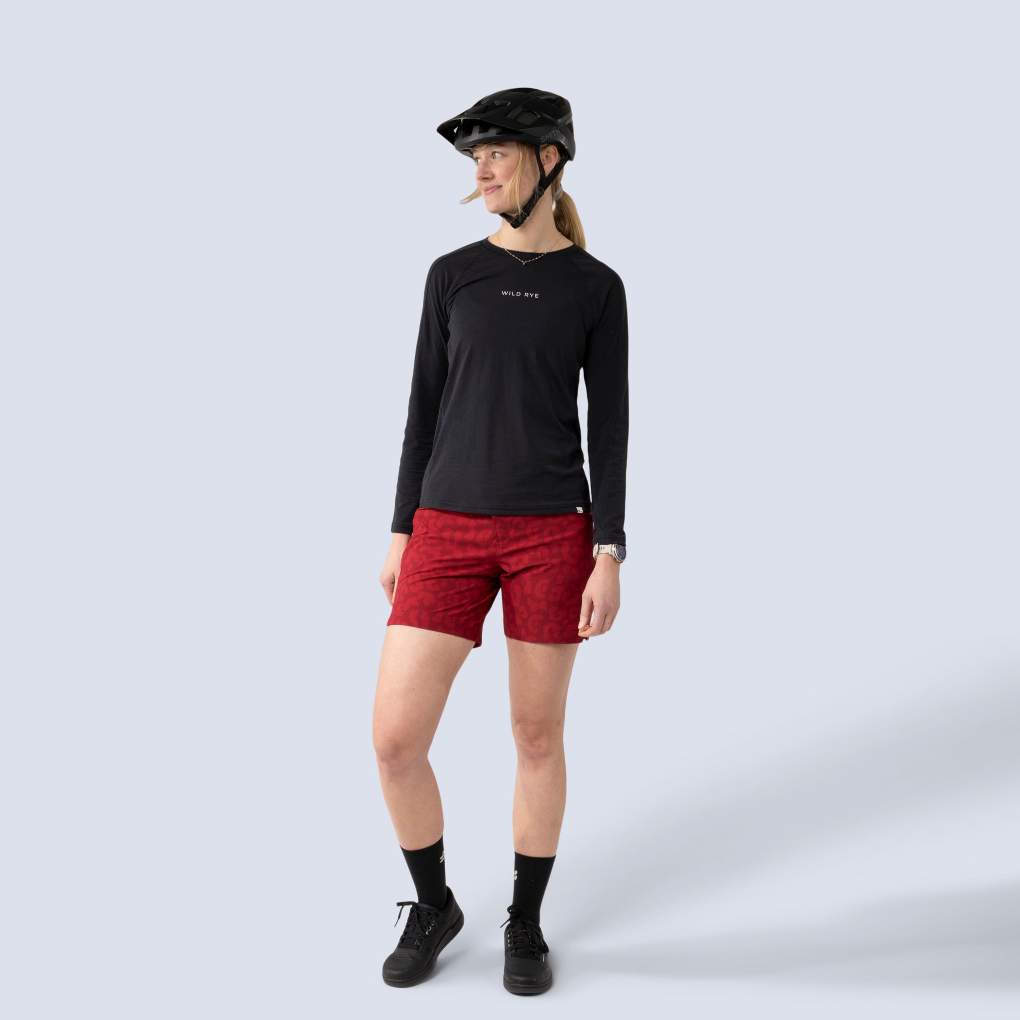 [Garnet Meow] Freda 7" Bike Short in garnet meow, on model front full body view