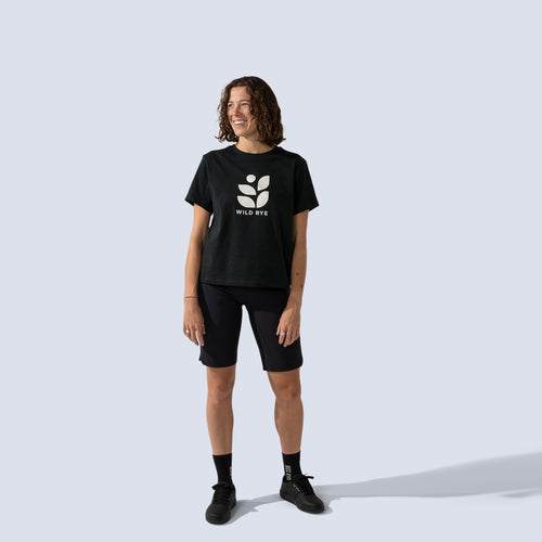 [Black] Freel 12" bike shorts in black, on model front full body view