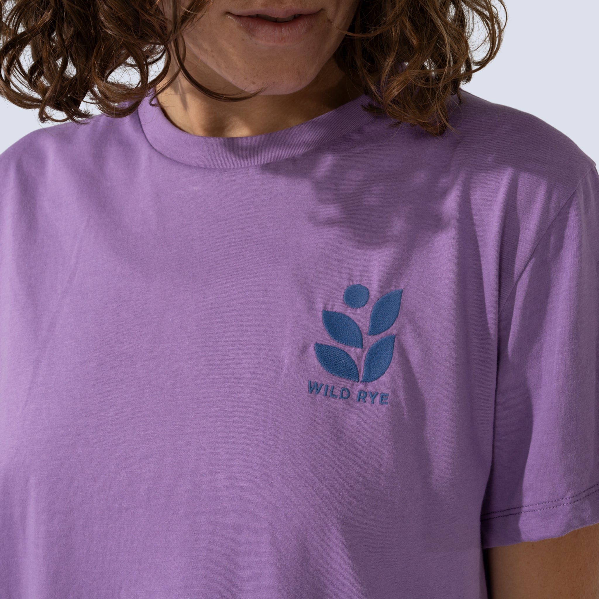 Close up view of embroidered wild rye logo on chest