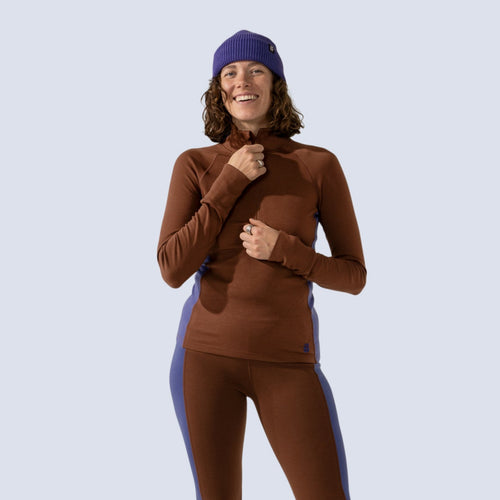 [Chestnut Storm] Bassett Half zip in chestnut storm, on model front crop view