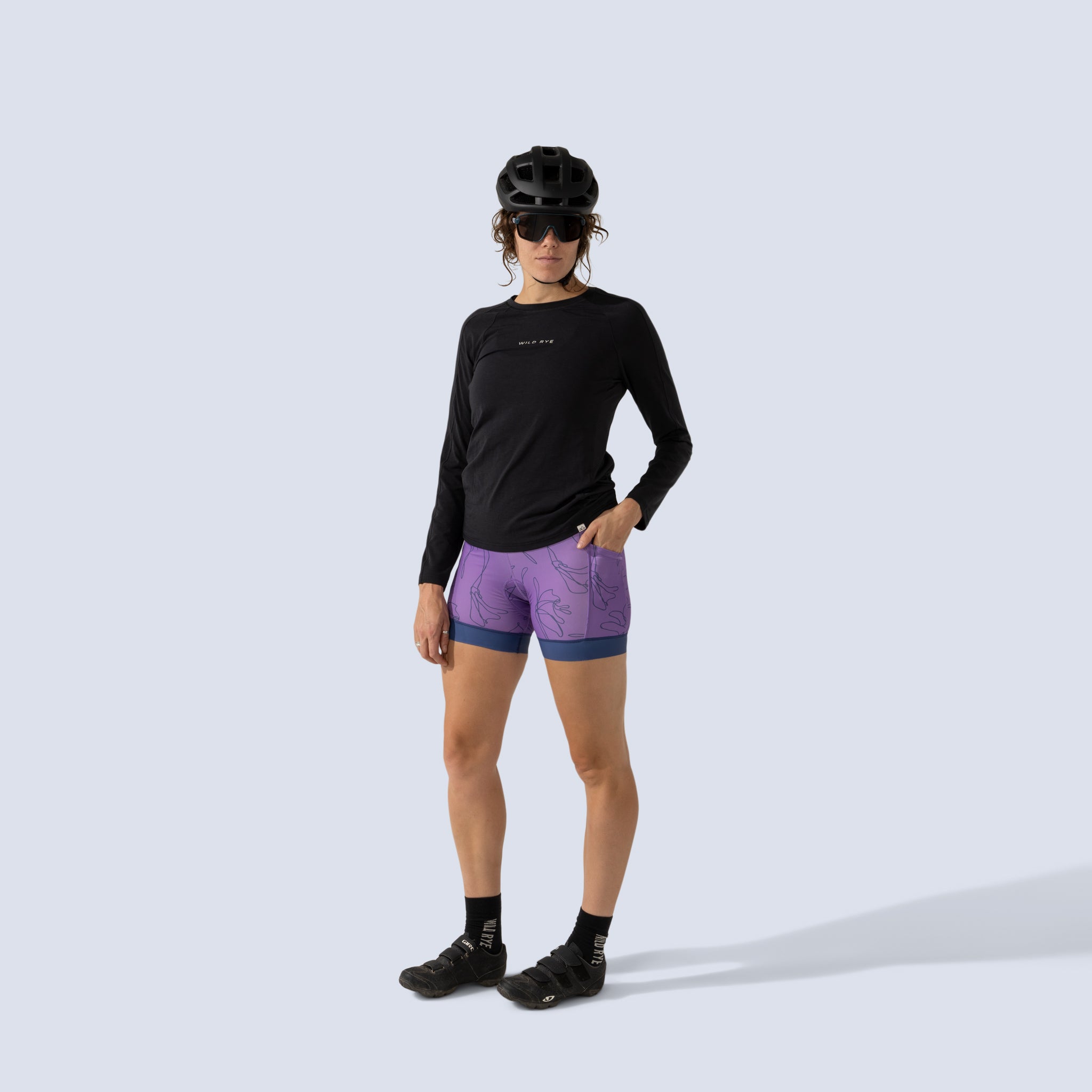 [Amethyst Contour] Eleanor Chammy Amethyst Contour 3/4 full body view with black long sleeve jersey