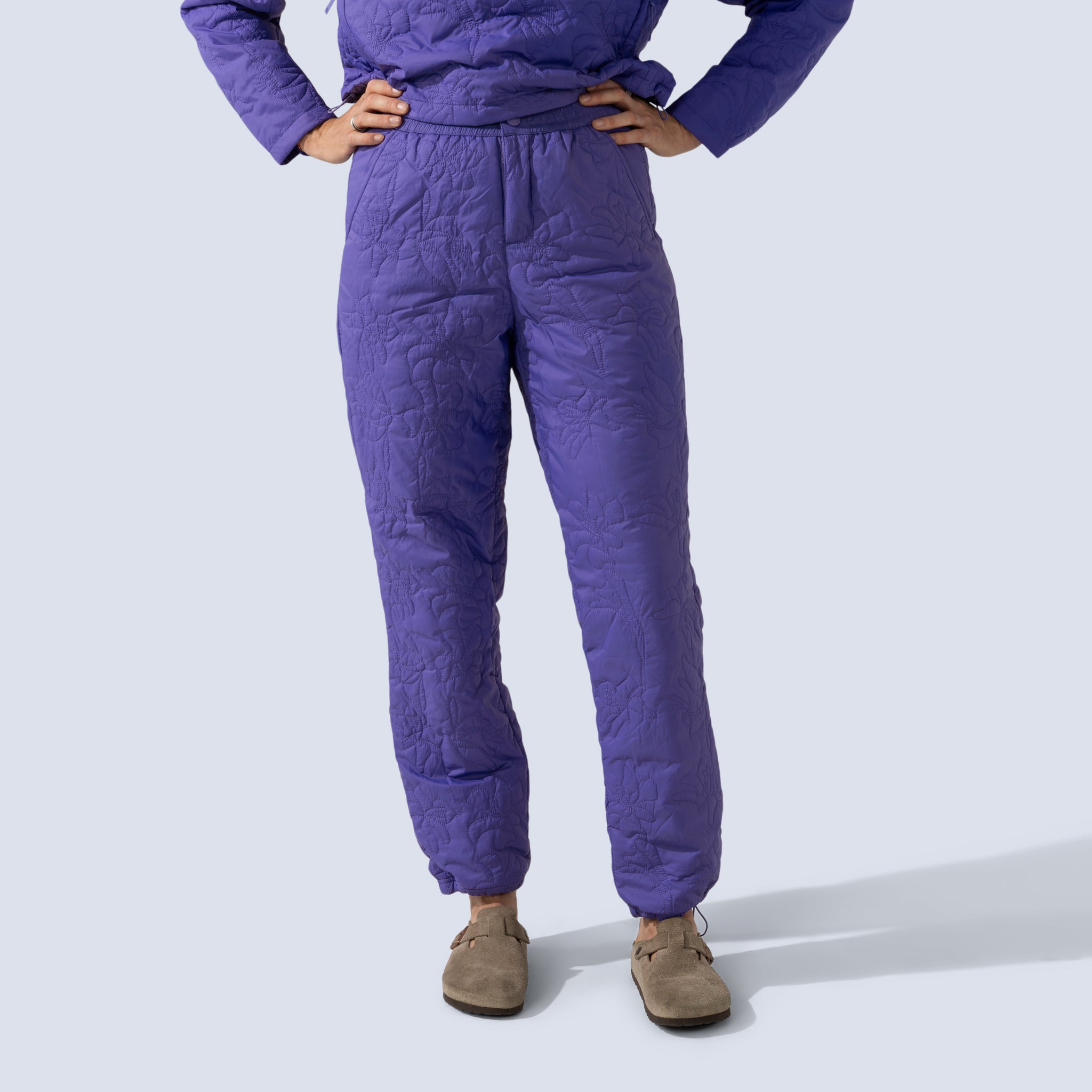 [Iris] Payette Insulated Pant in Iris purple, on model front crop view