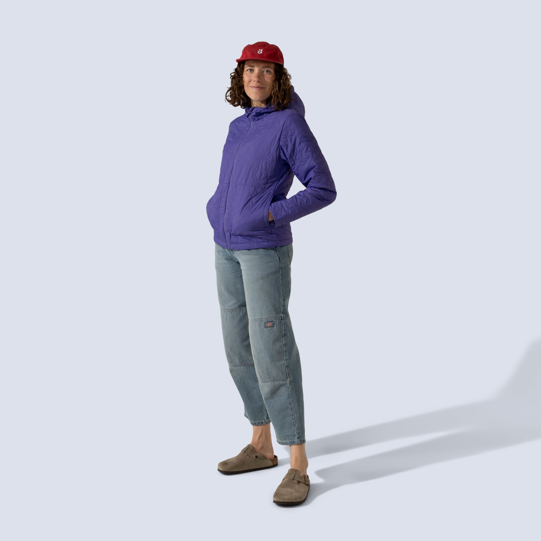 [Iris] Payette insulated jacket in iris purple, on model side full body view
