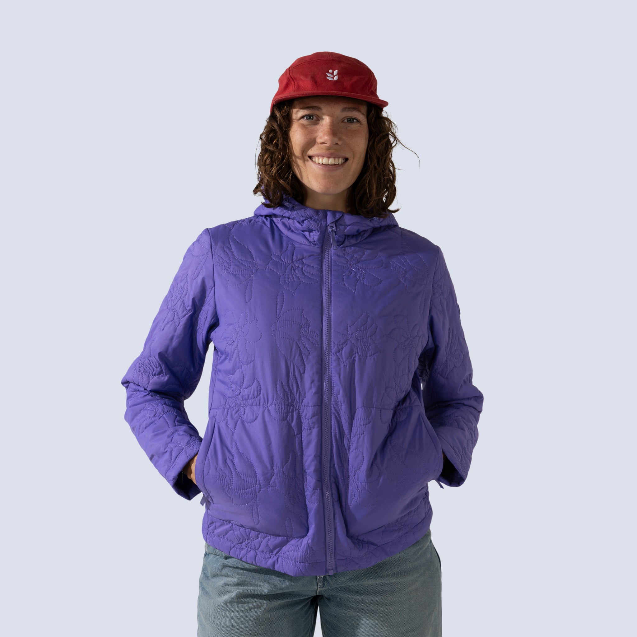 [Iris] Payette insulated jacket in iris purple, on model front crop view