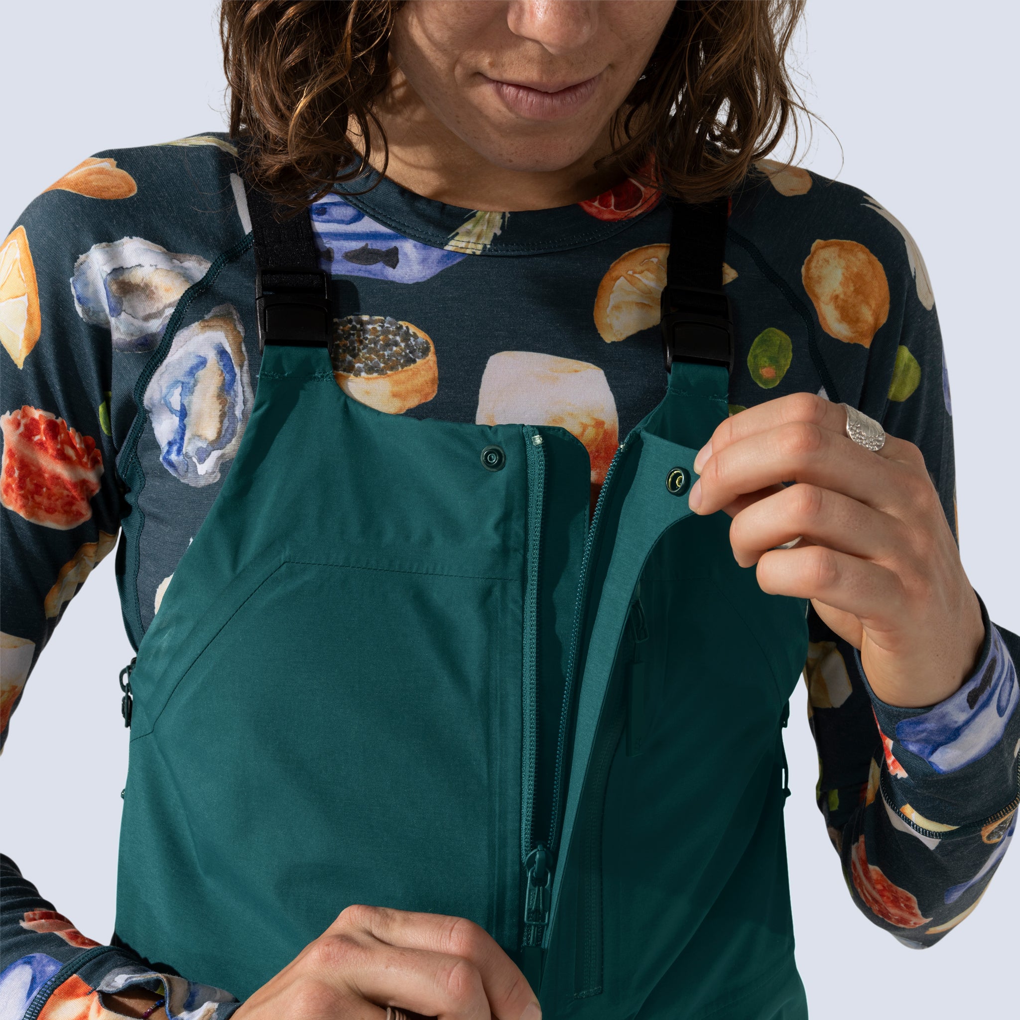[Shaded Spruce] Heyburn 3l bibs in shaded spruce, front zipper with top snap