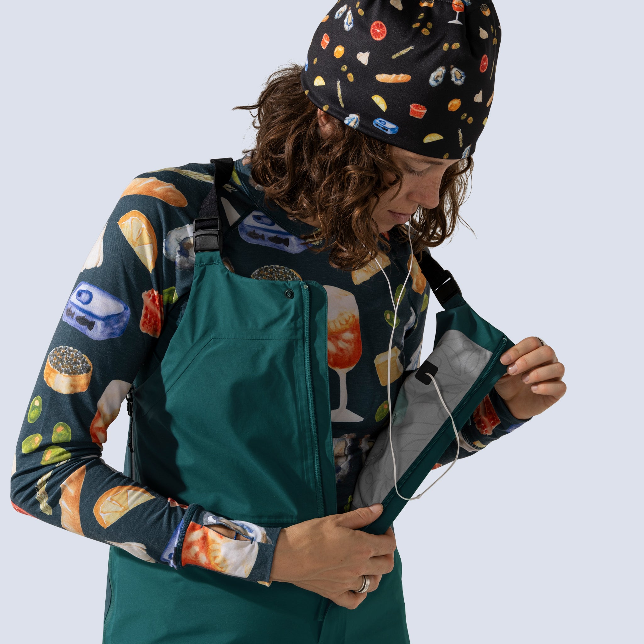 [Shaded Spruce] Heyburn 3l bibs in shaded spruce, headphone cord port to chest pocket