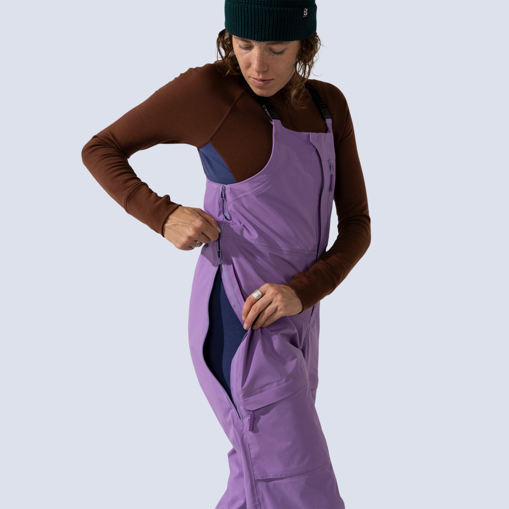 [Amethyst] Heyburn 3l bibs in amethyst, 2-way full side zipper detail for drop seat compatibility
