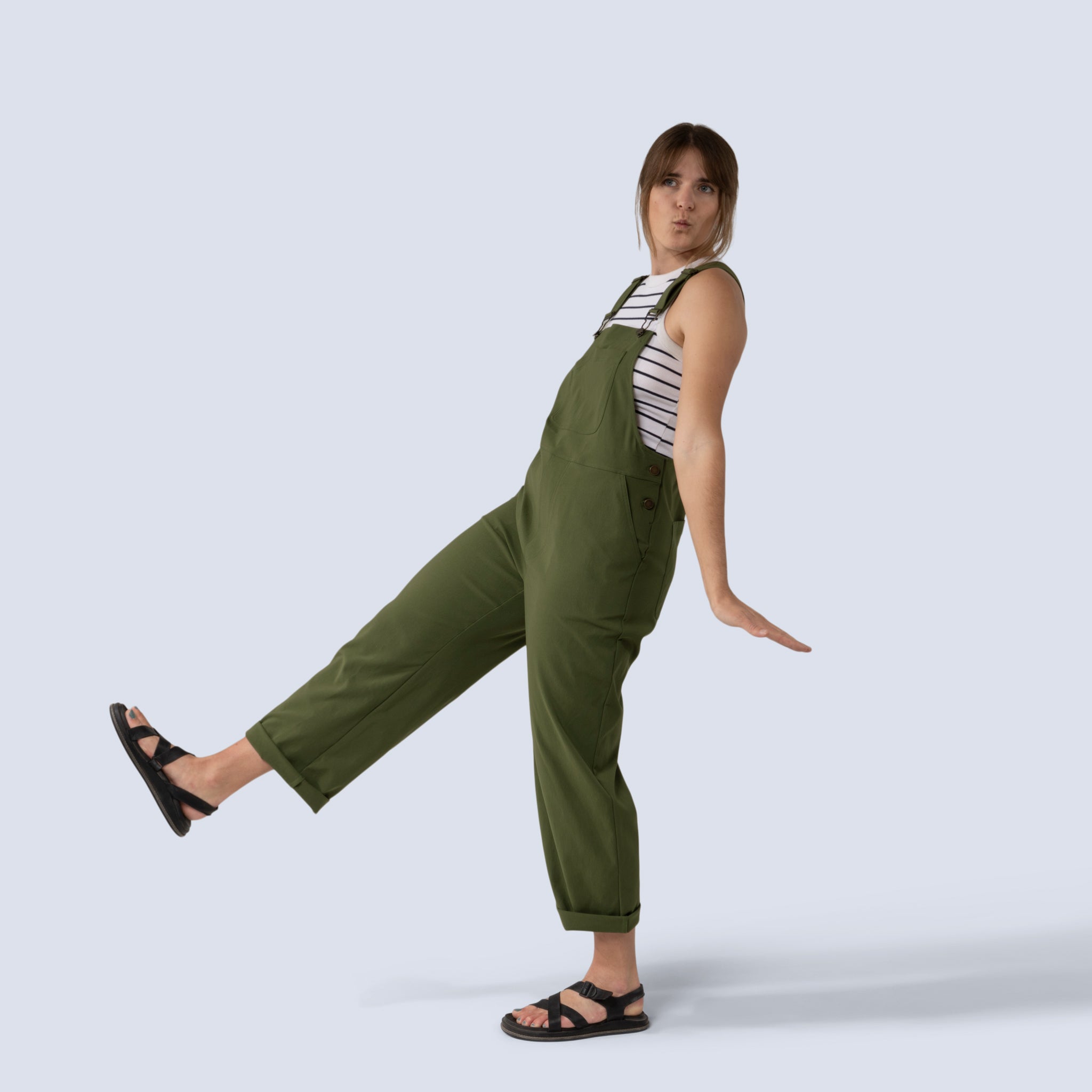 [Olive You] Emmett Overall in olive you, on model side full body view