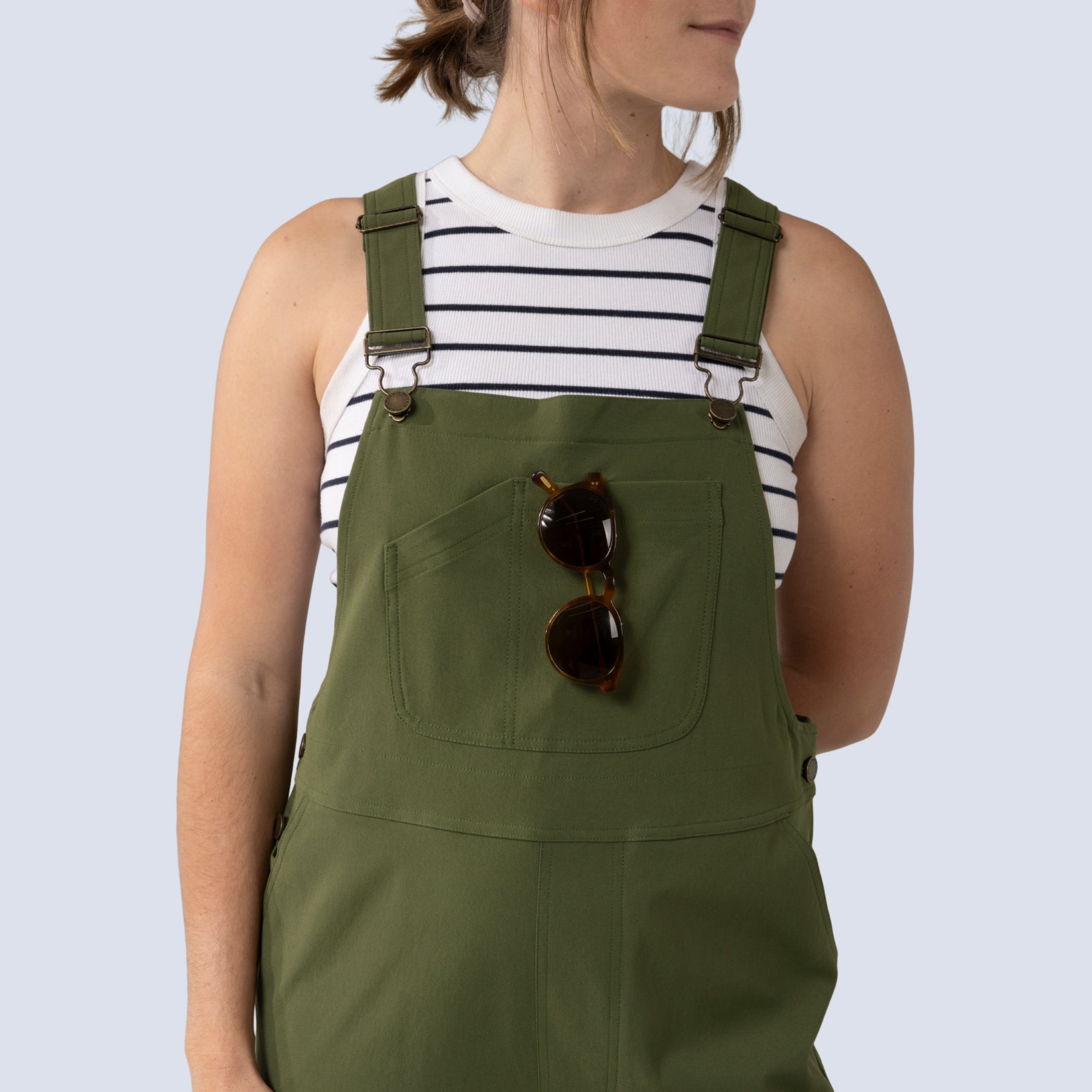 [Olive You] Emmett Overall in olive you, front pocket detail