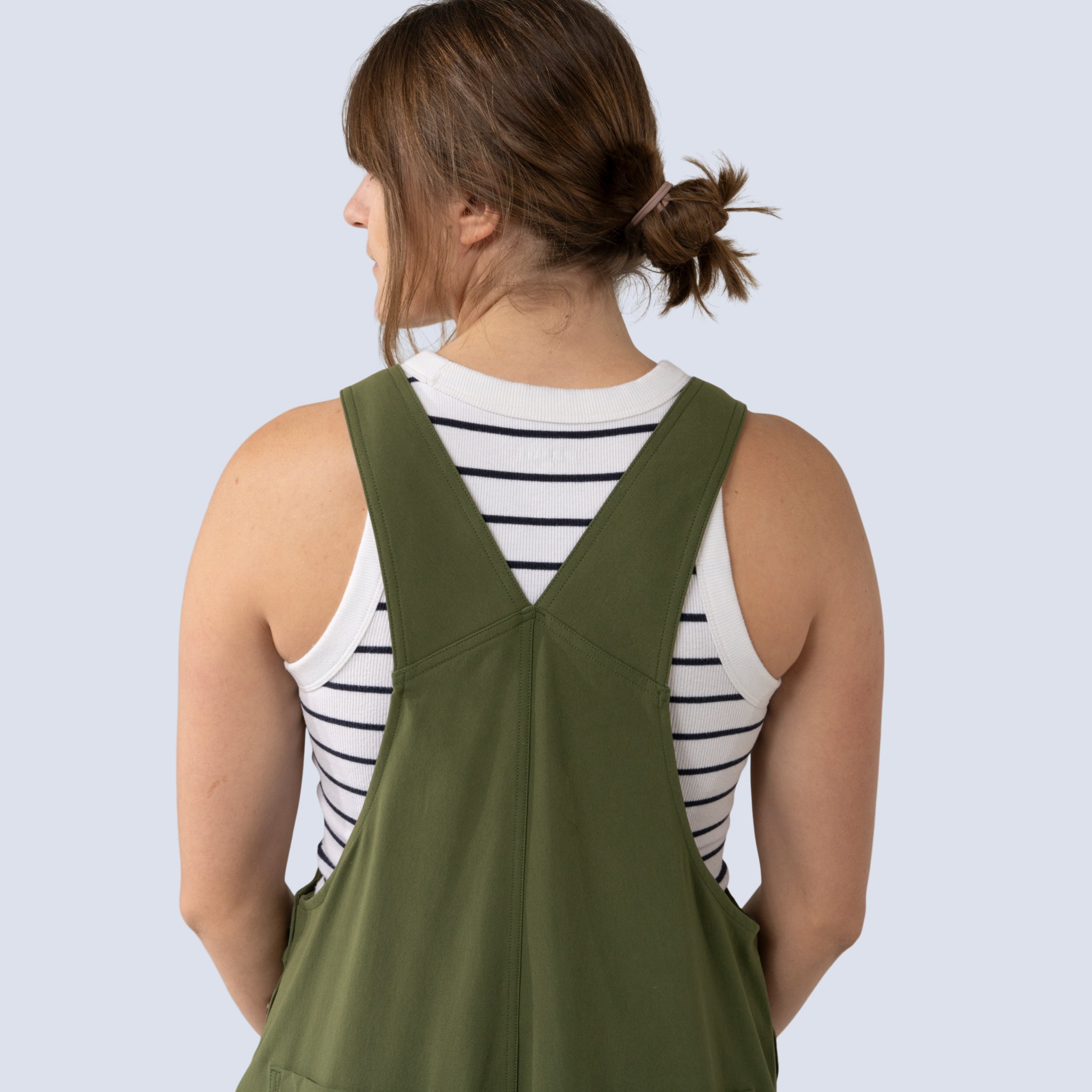 [Olive You] Emmett Overall in olive you, back yoke detail
