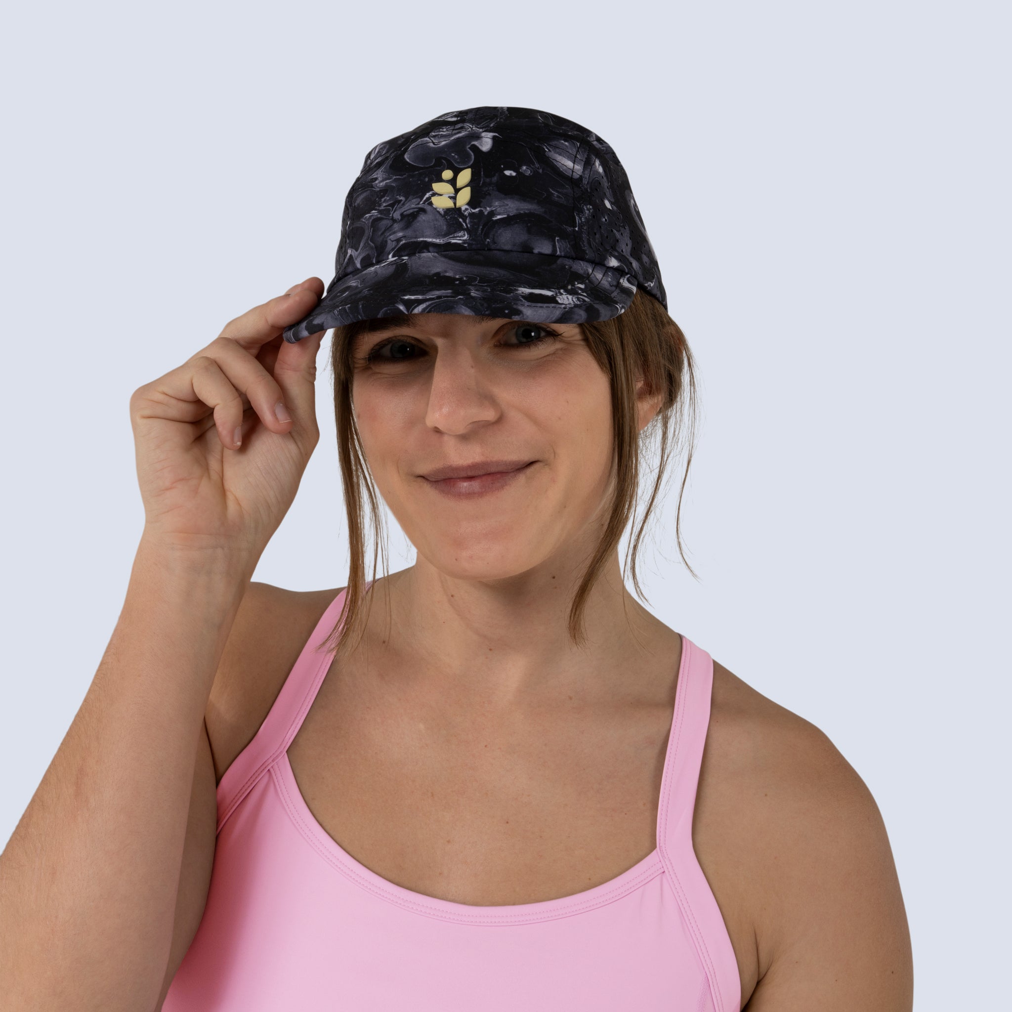 [Greyscale Marble] Pungo Cap in Greyscale Bloom, on model front view
