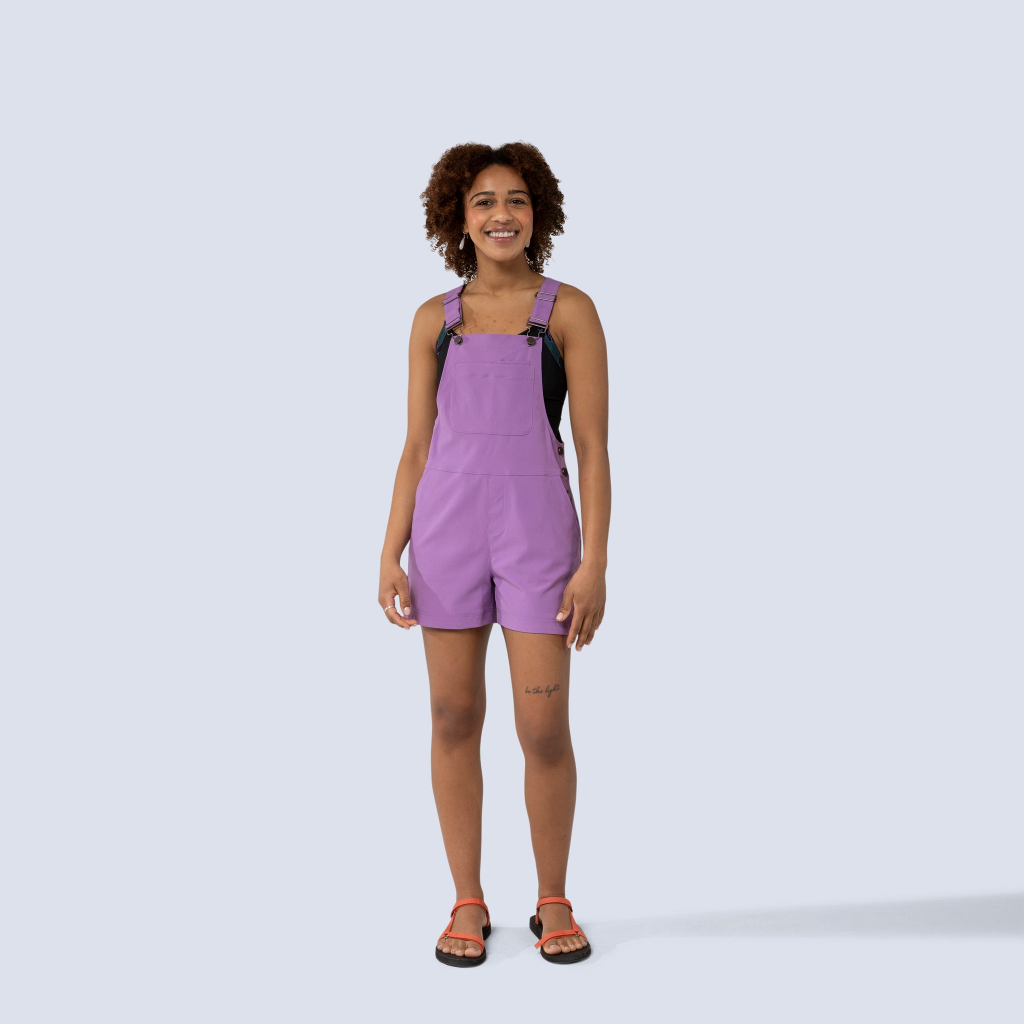 [Amethyst] Eeva short overalls amethyst, on model front full body view