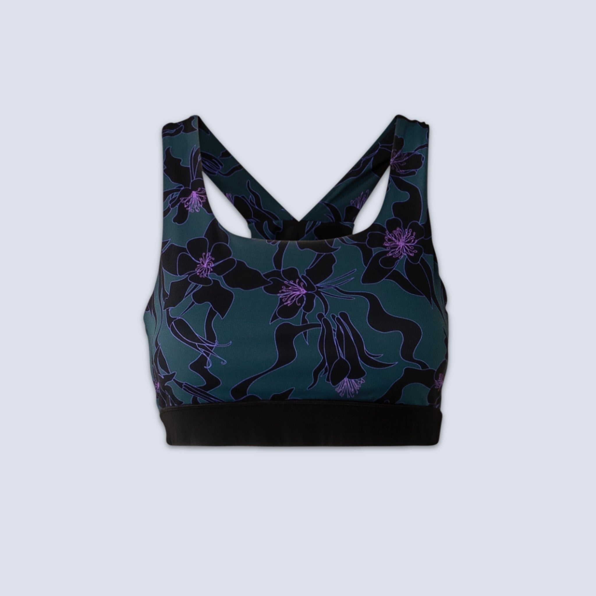 [Spruce Aquila Bloom] Lucille sports bra in green with black floral pattern, flatlay