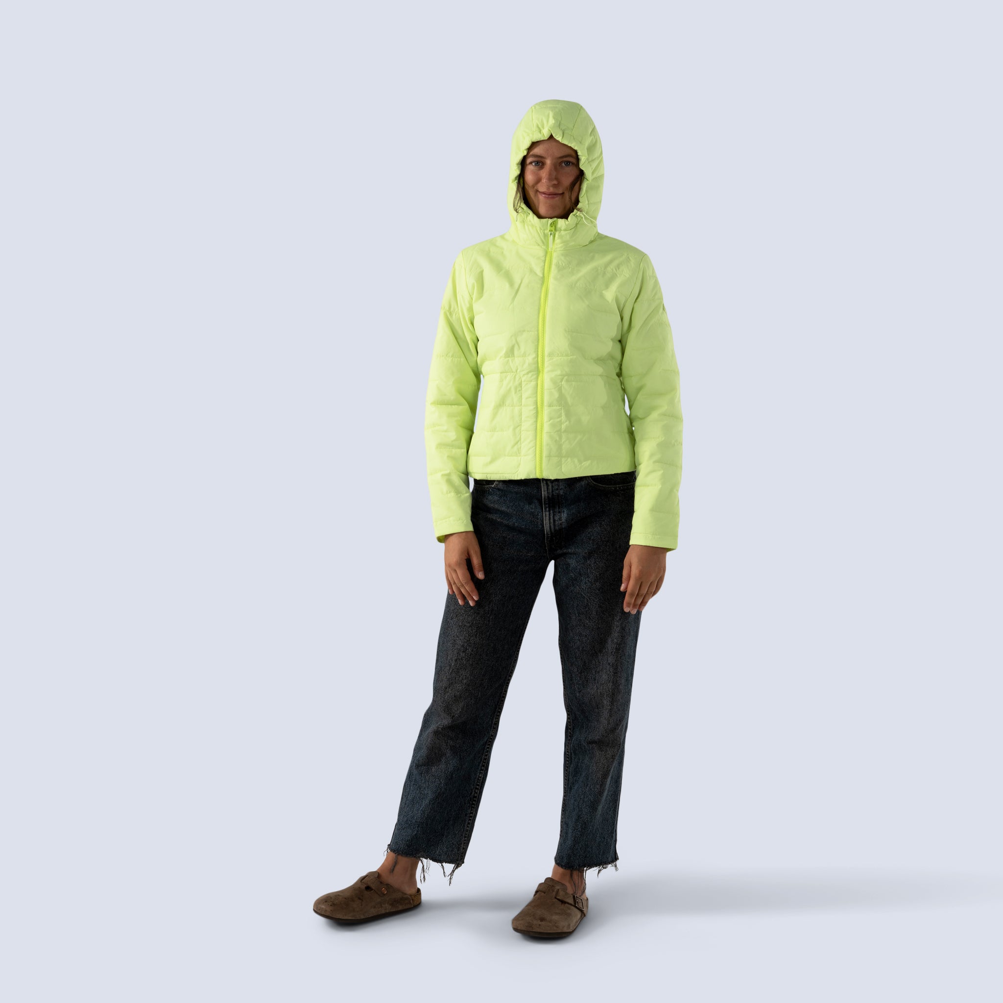 [Iced Matcha]  Payette insulated jacket in matcha green, on model front full body view with hood up