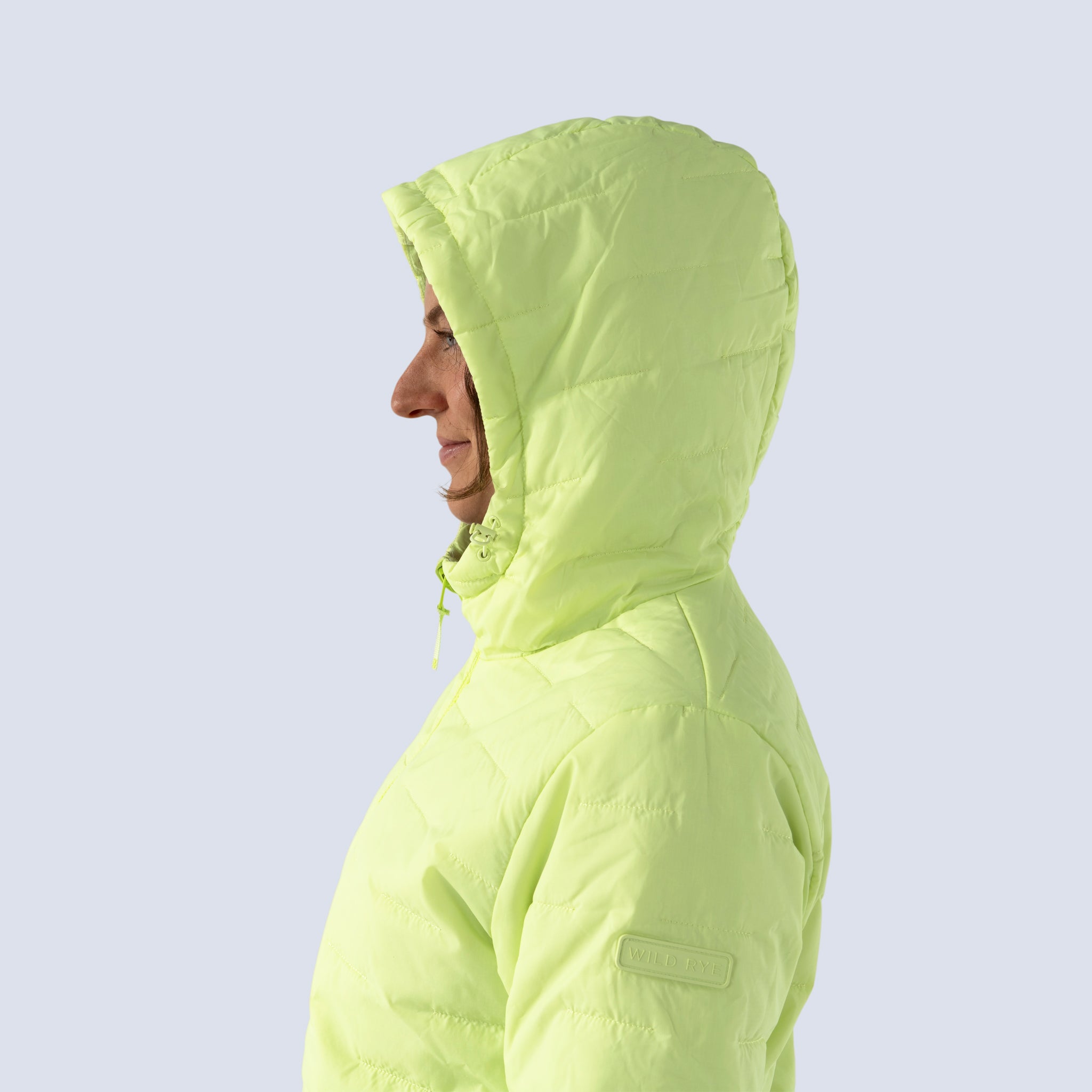 [Iced Matcha] Payette insulated jacket in matcha green, hood up detail