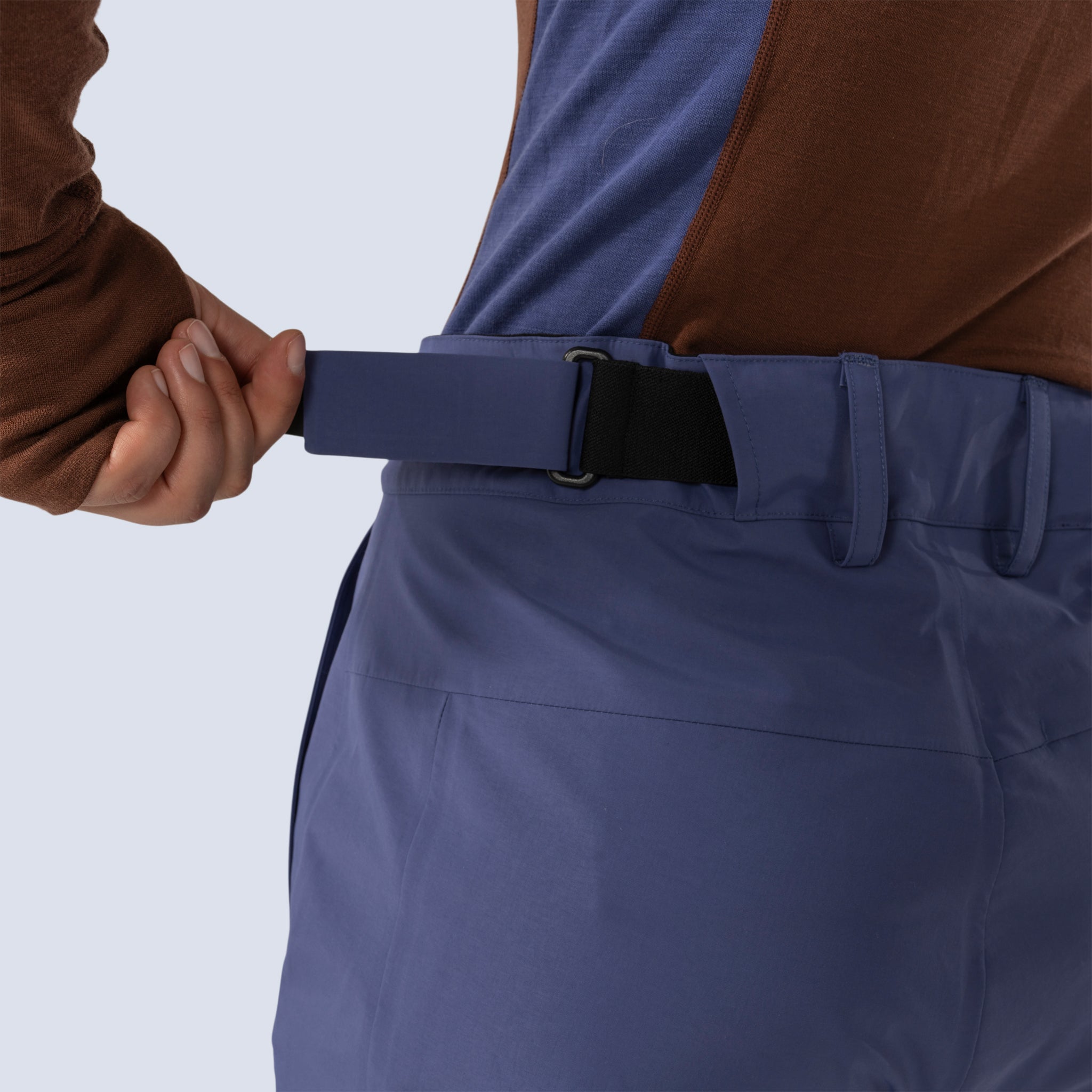 [Storm] Butterfield 3L pant in storm blue, velcro waist adjustment back view