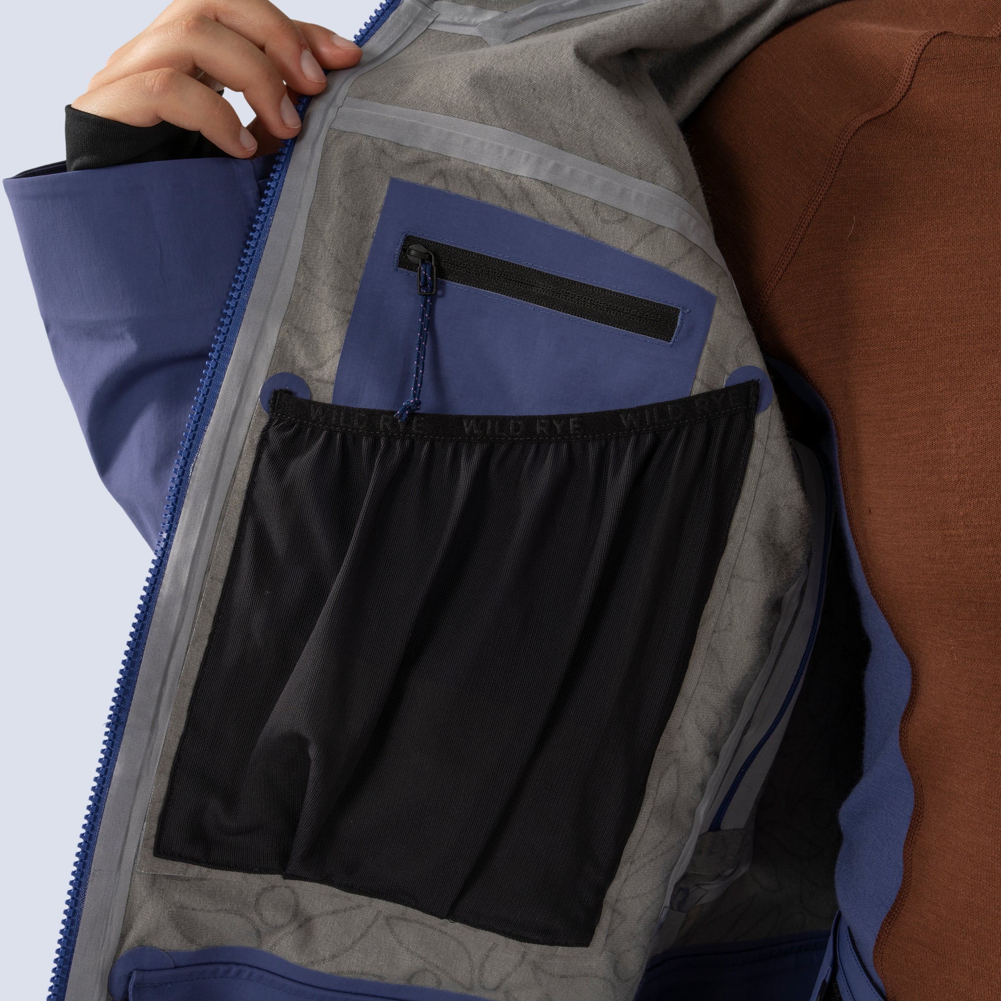 [Storm] Butterfield 3L jacket in storm blue, internal zipped pocket within internal stash pocket
