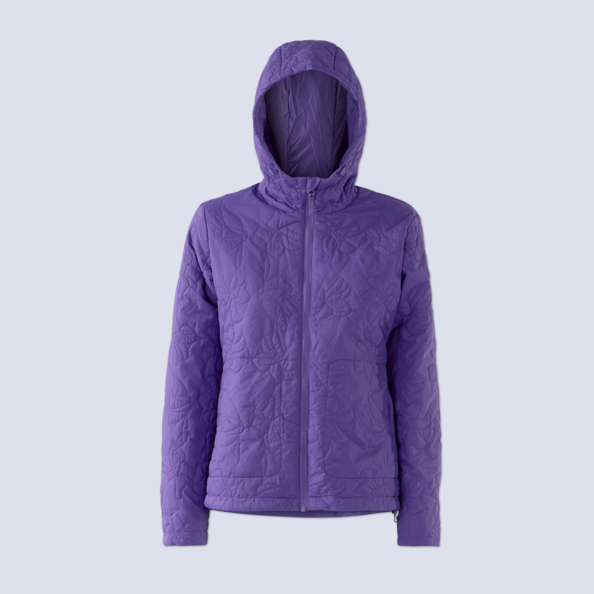 [Iris] Payette insulated jacket in iris purple with floral contrast stitching, flatlay