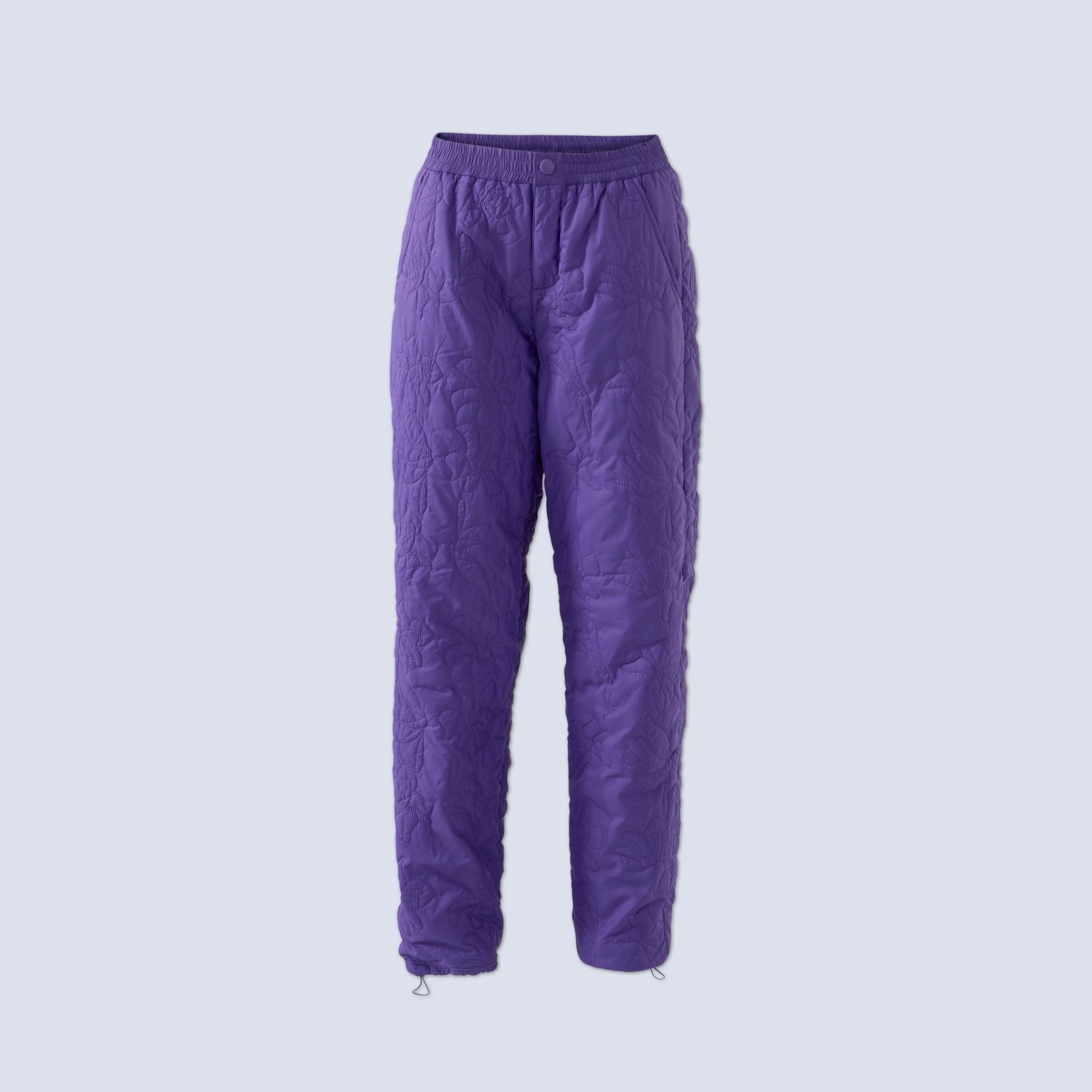[Iris] Payete Insulated Pant in Iris purple with floral contrast stitching, flatlay